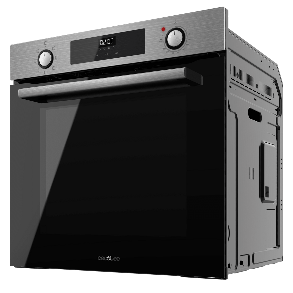 Un forno in acciaio inox con porta in vetro nero. Ha display digitale e manopole.