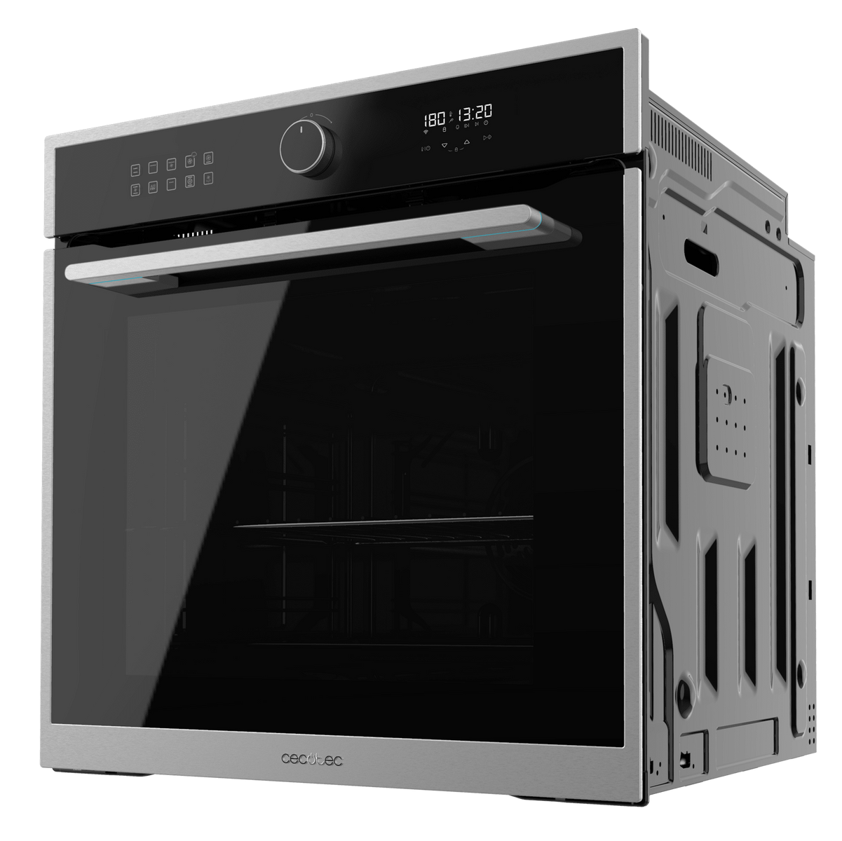 Horno de acero inoxidable con puerta de cristal y pantalla digital. Interior negro con dos rejillas. Manija plateada.