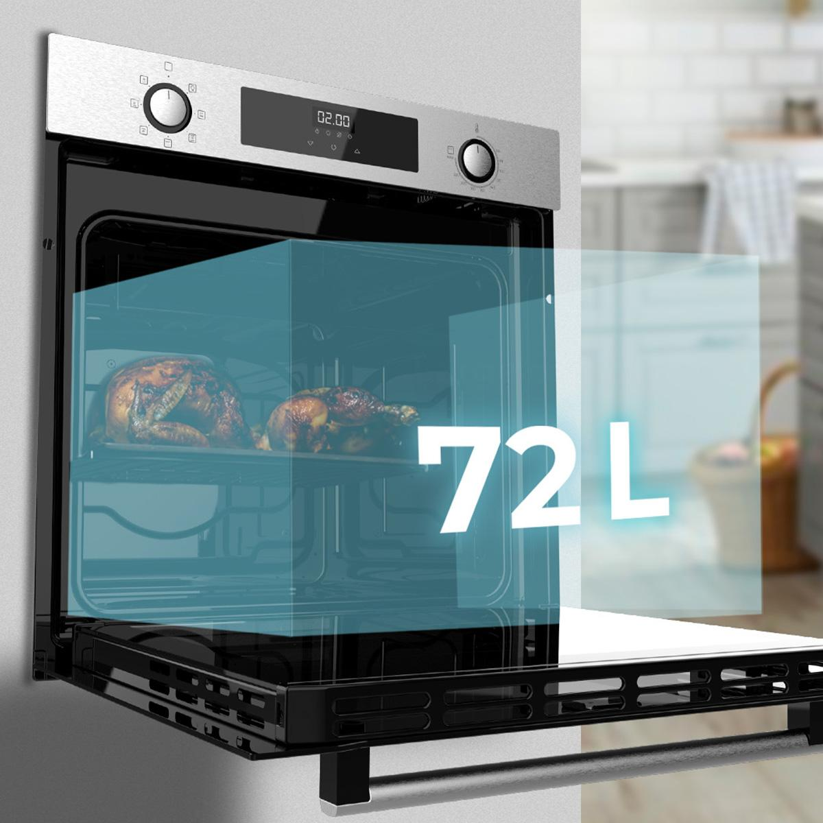 Un forno con la porta aperta, che mostra due polli arrosto e un indicatore di volume di 72L.