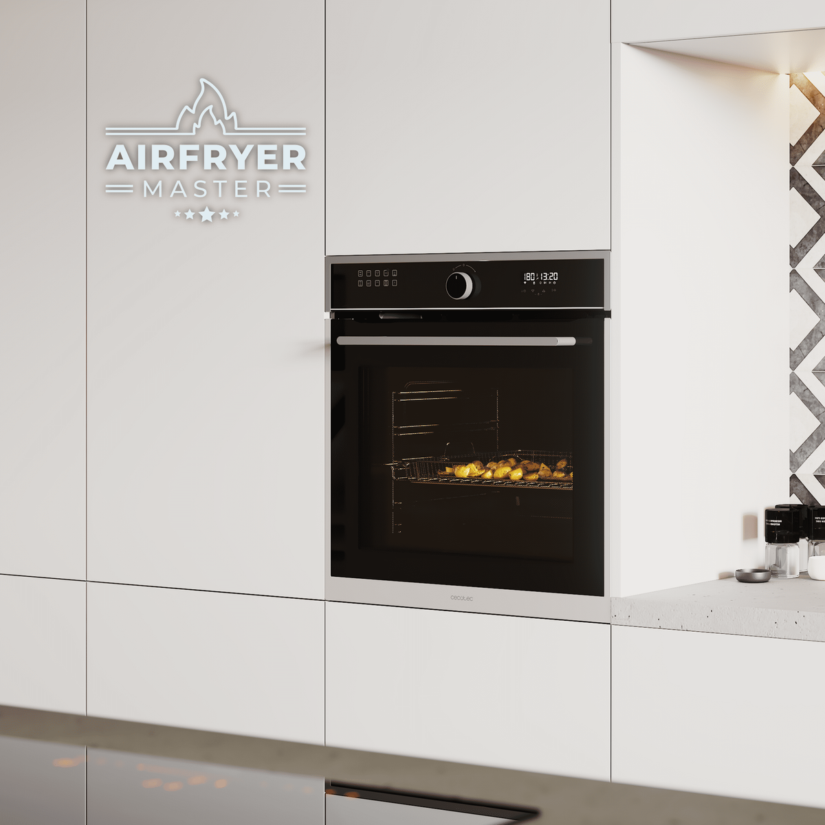 Horno empotrado en una cocina blanca con un logo Airfryer Master encima y una encimera negra.