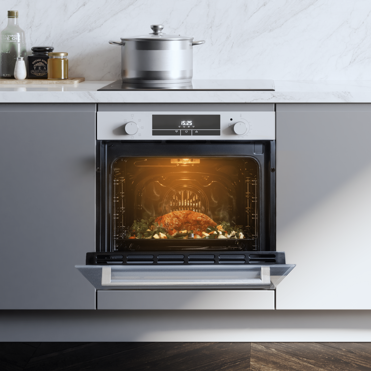 Un horno abierto con un asado cocido y verduras dentro, con un temporizador que muestra 15:25.
