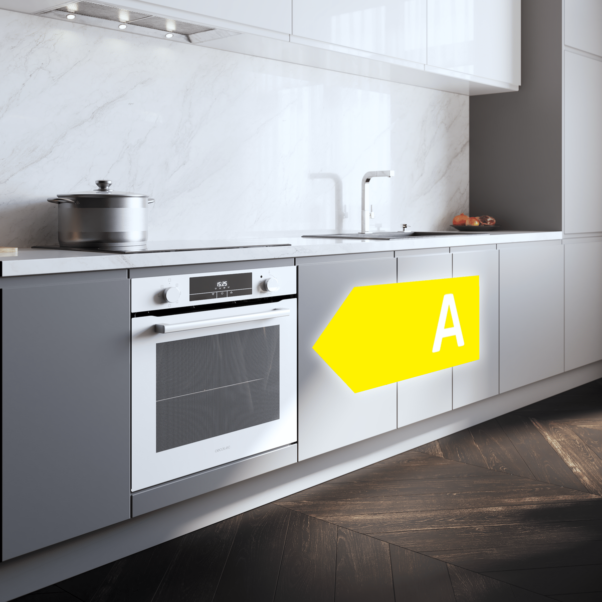 Cocina moderna con horno blanco y etiqueta amarilla de eficiencia energética.