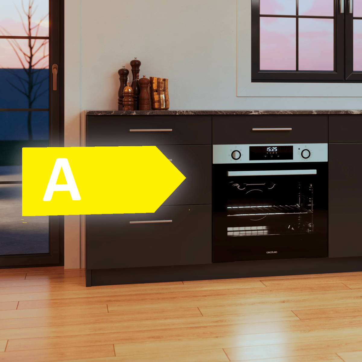 Cucina moderna con forno. Il forno mostra l'orologio digitale e la classe A.