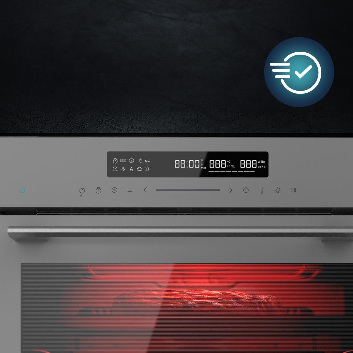 Panel de control del horno mostrando números. Brillo rojo dentro.