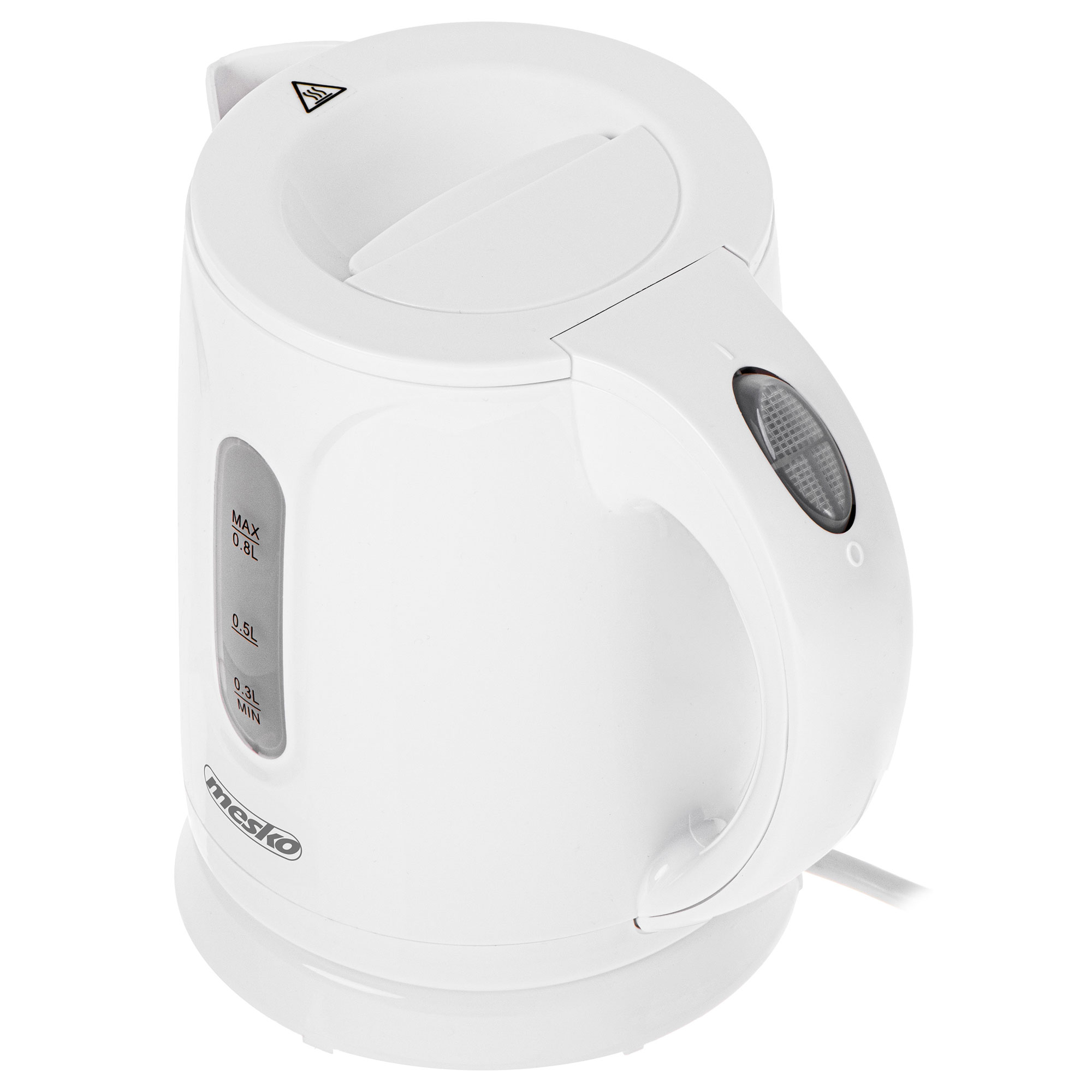 Hervidor eléctrico blanco. Vista desde arriba. Incluye indicador de nivel de agua y mango con interruptor.