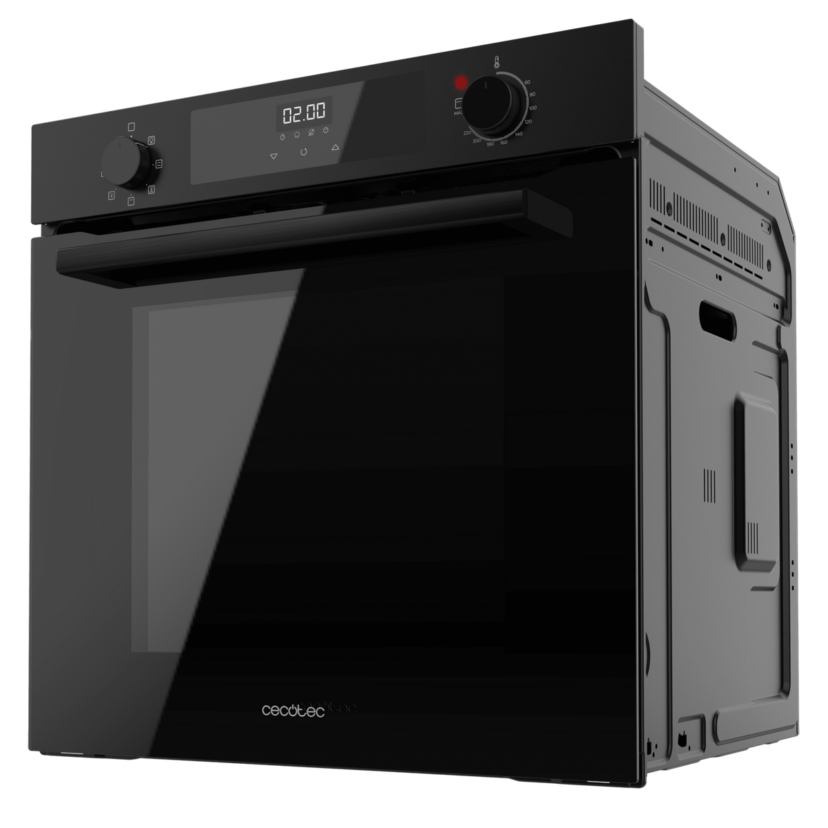 Horno negro, ligeramente angulado. Tiene una pantalla digital, un asa y una puerta de vidrio. El lateral es visible.