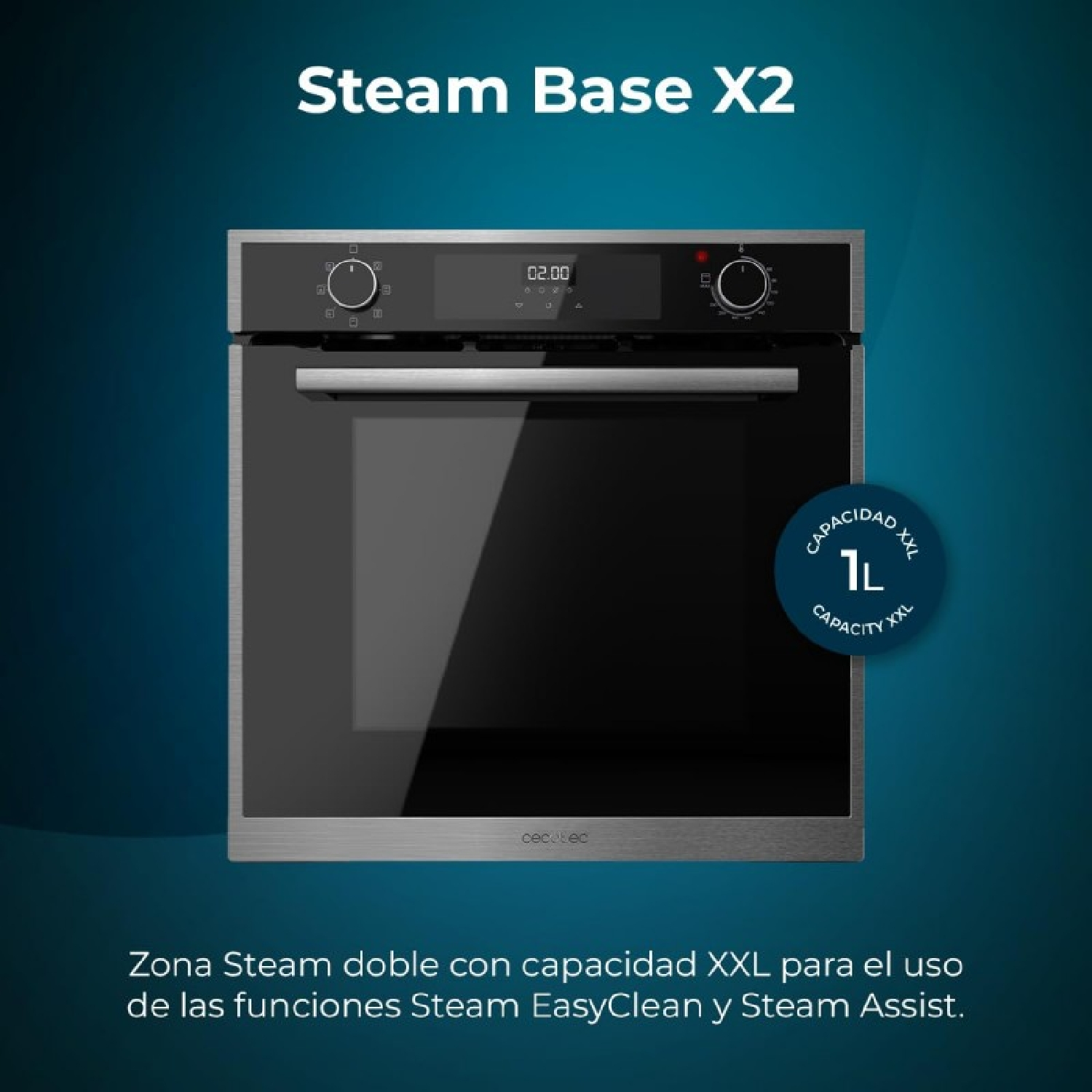 Piekarnik z czarnymi drzwiami. Etykieta Steam Base X2. Etykieta pojemności 1L. Niebieskie tło.