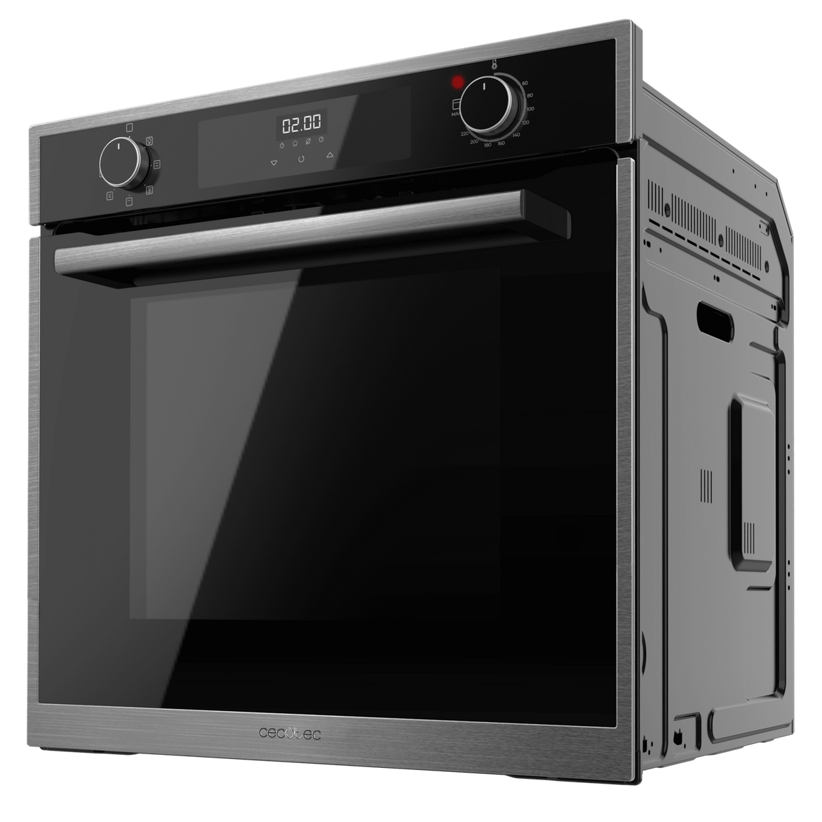 Piekarnik ze stali nierdzewnej z czarnymi drzwiami, wyświetlaczem i pokrętłami.