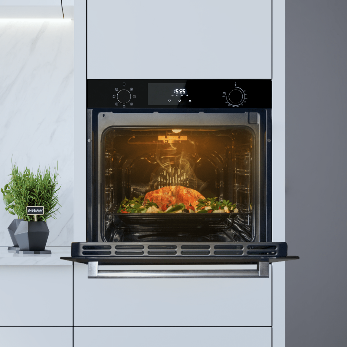 Horno abierto, comida dentro, con planta y pantalla digital. Cocina.