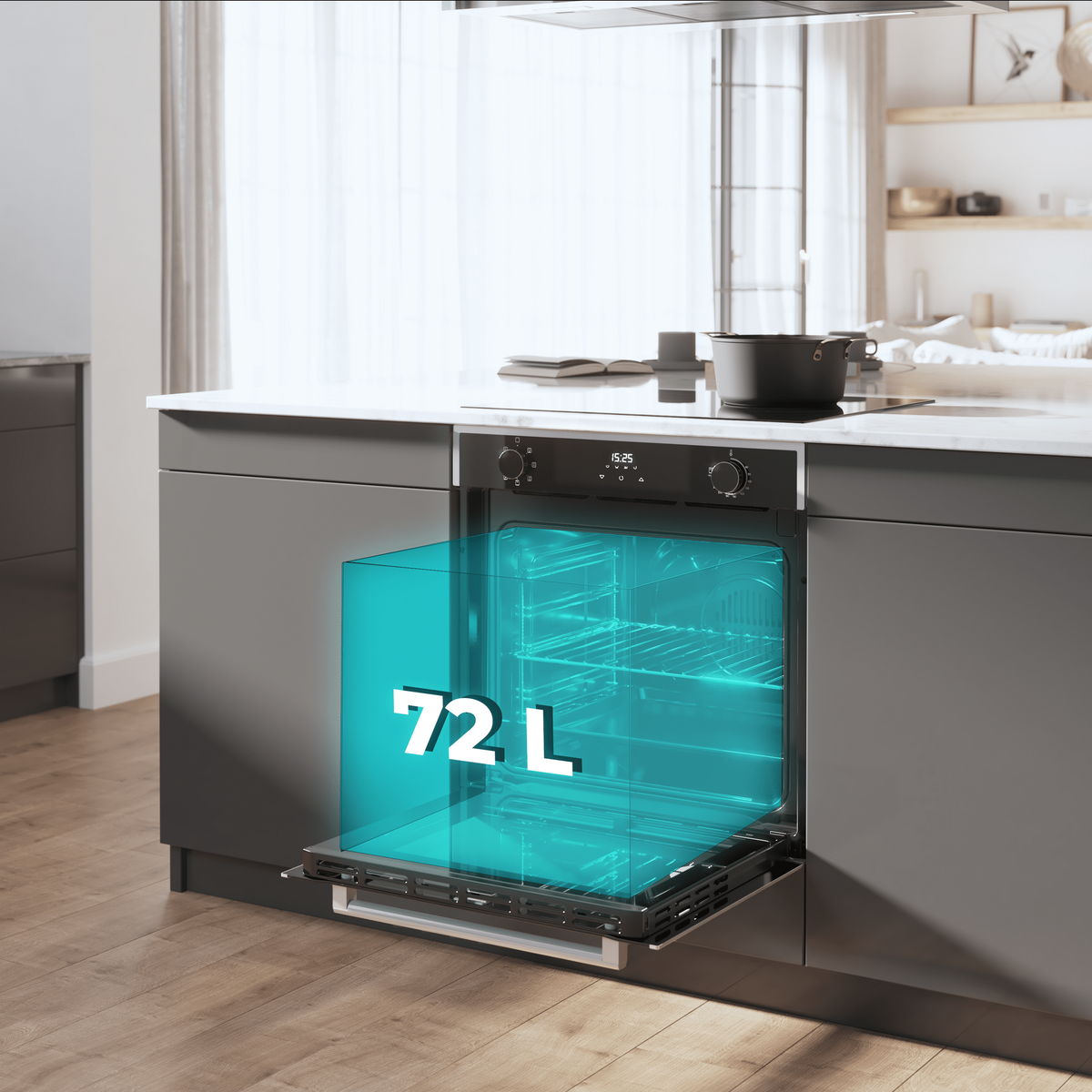 Otwarty piekarnik. Pojemność 72L. Wbudowana kuchnia. Szare szafki. Czarny blat kuchenny.