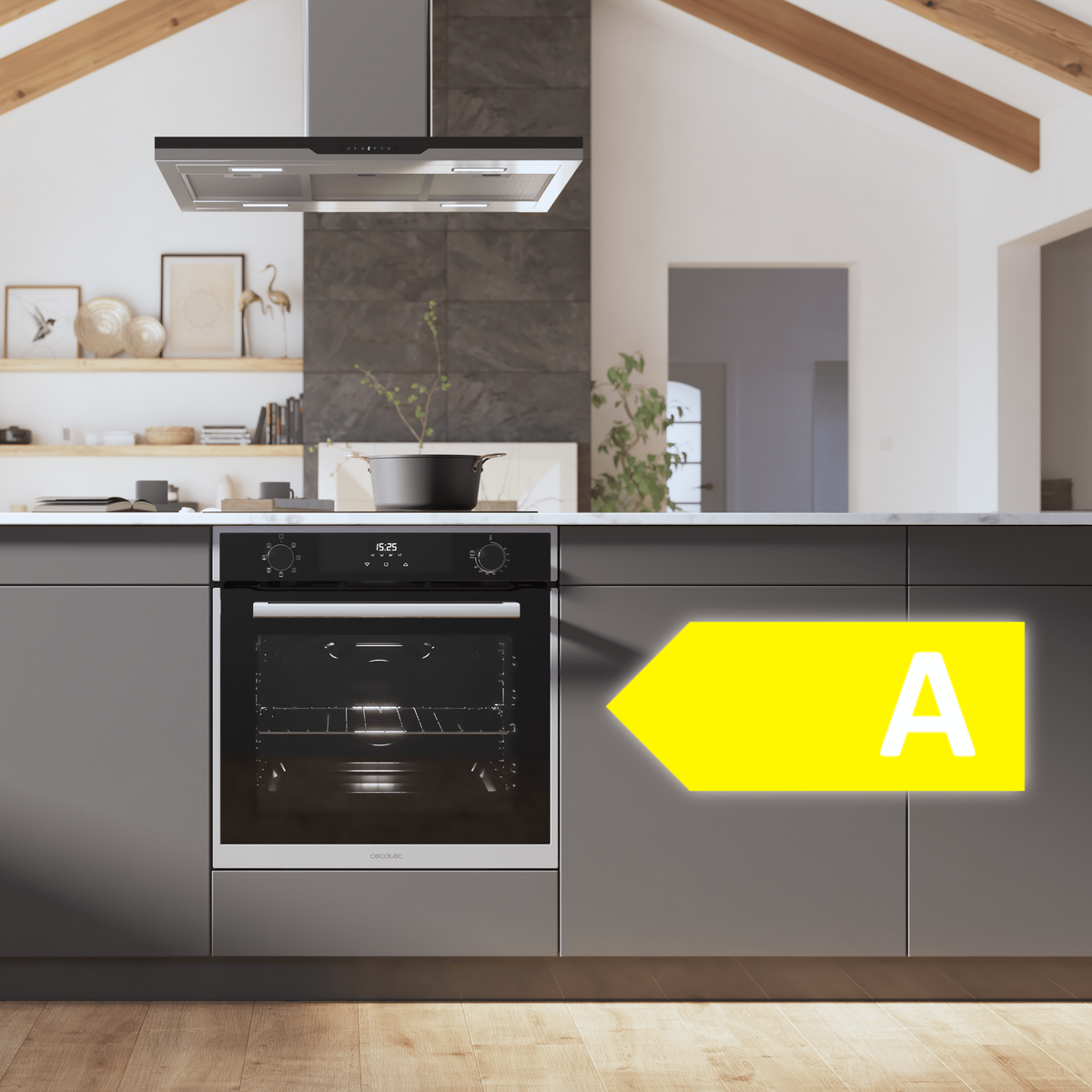 Kuchnia z piekarnikiem i okapem, z etykietą efektywności energetycznej.
