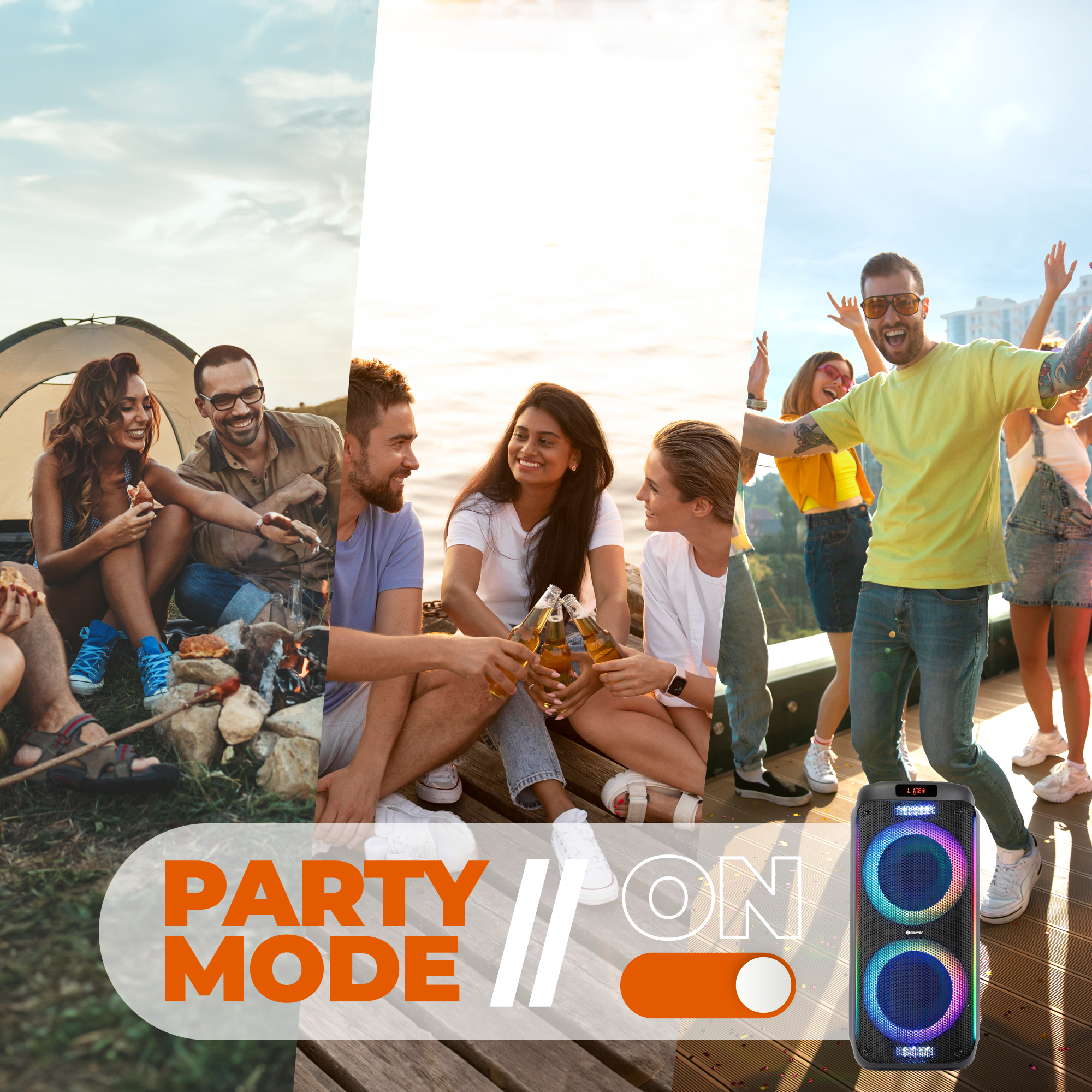 Feestscène met mensen. Een luidspreker op de voorgrond. Party-modus schakelaar zichtbaar.
