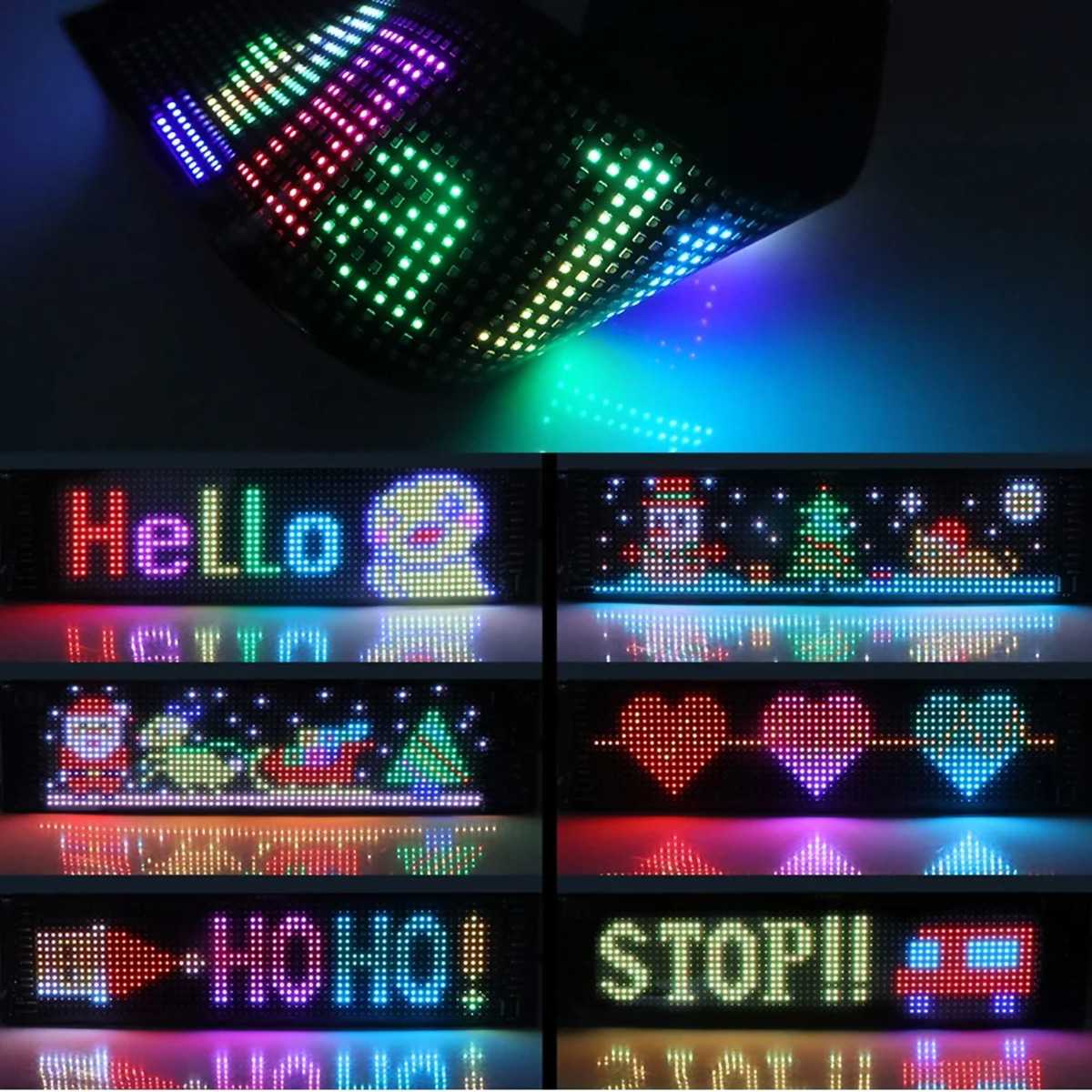 Pantalla LED con mensajes coloridos: Hola, Santa, escenas navideñas, corazones, HO HO HO y STOP. Fondo oscuro.