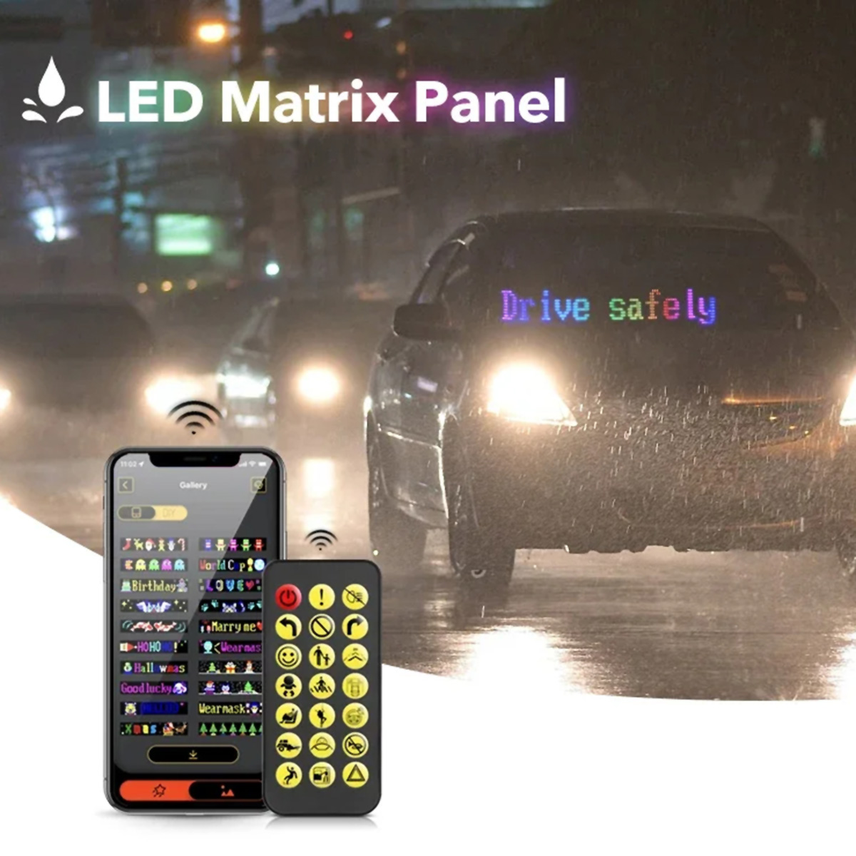 Coche con pantalla LED mostrando el texto 'Conduce con seguridad' y un teléfono con mando.