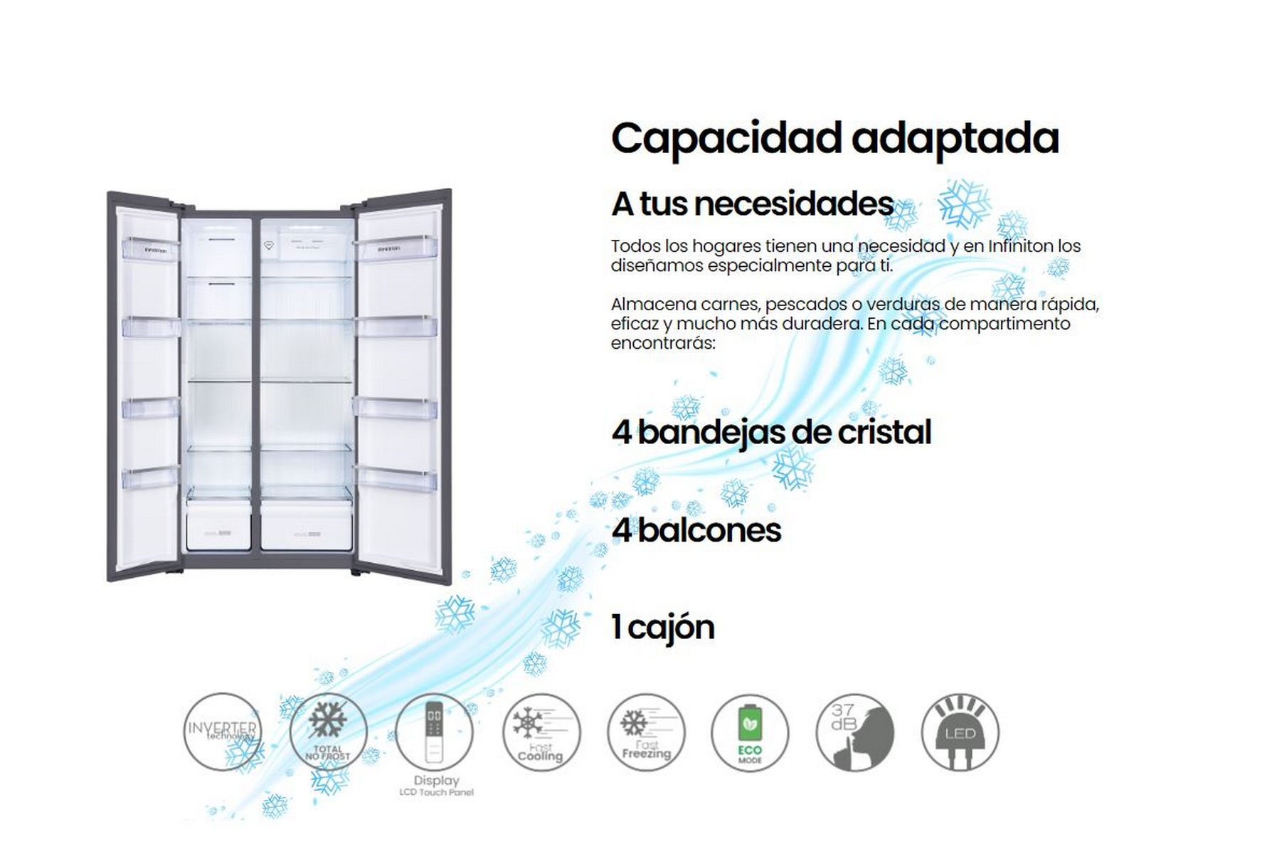 Refrigerador negro abierto con estantes y cajones. Texto en español sobre características.