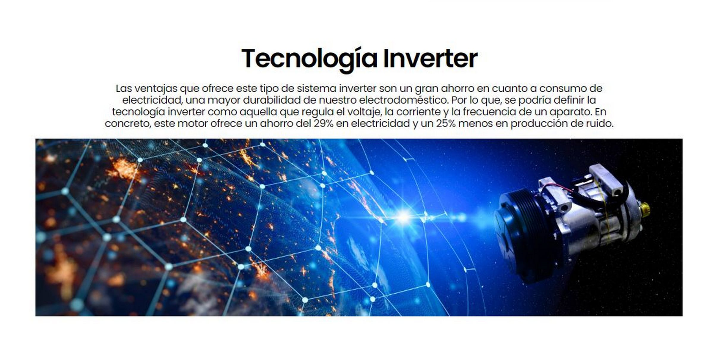 Texto sobre la tecnología Inverter, con una imagen de un componente.