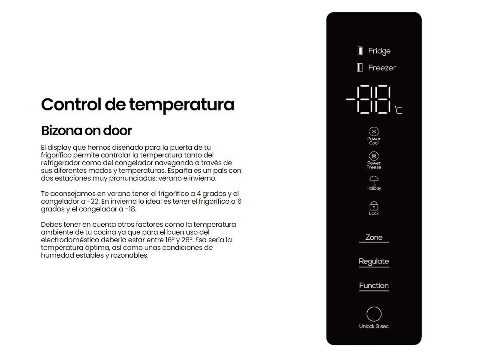 Panel de control de un refrigerador con pantalla digital, controles de temperatura y ajustes.