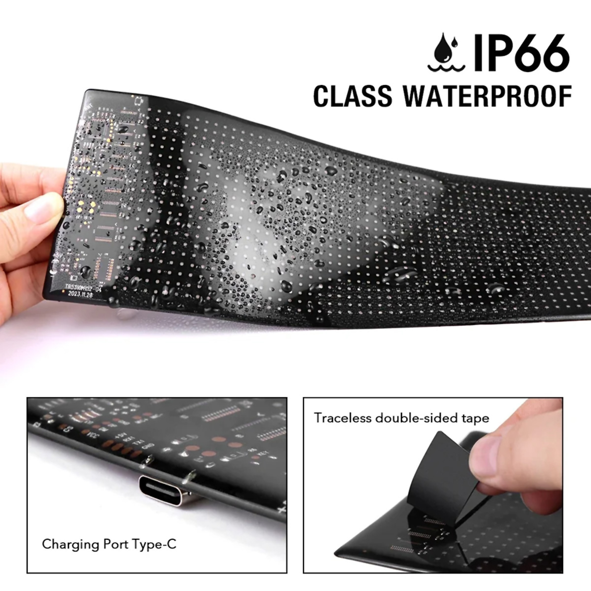 Placa de circuito negro con gotas de agua, etiqueta IP66 impermeable y primeros planos de puerto de carga y cinta adhesiva doble cara.