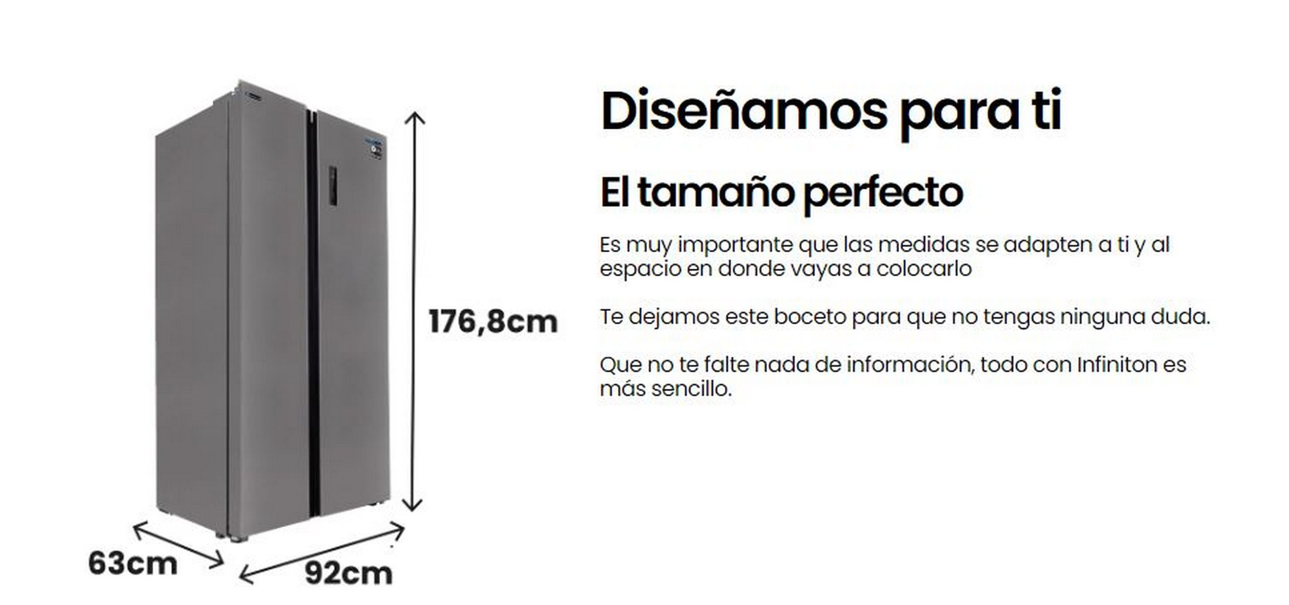 Frigorífico de lado a lado. Color gris. Dimensiones: 63cm x 92cm x 176,8cm.