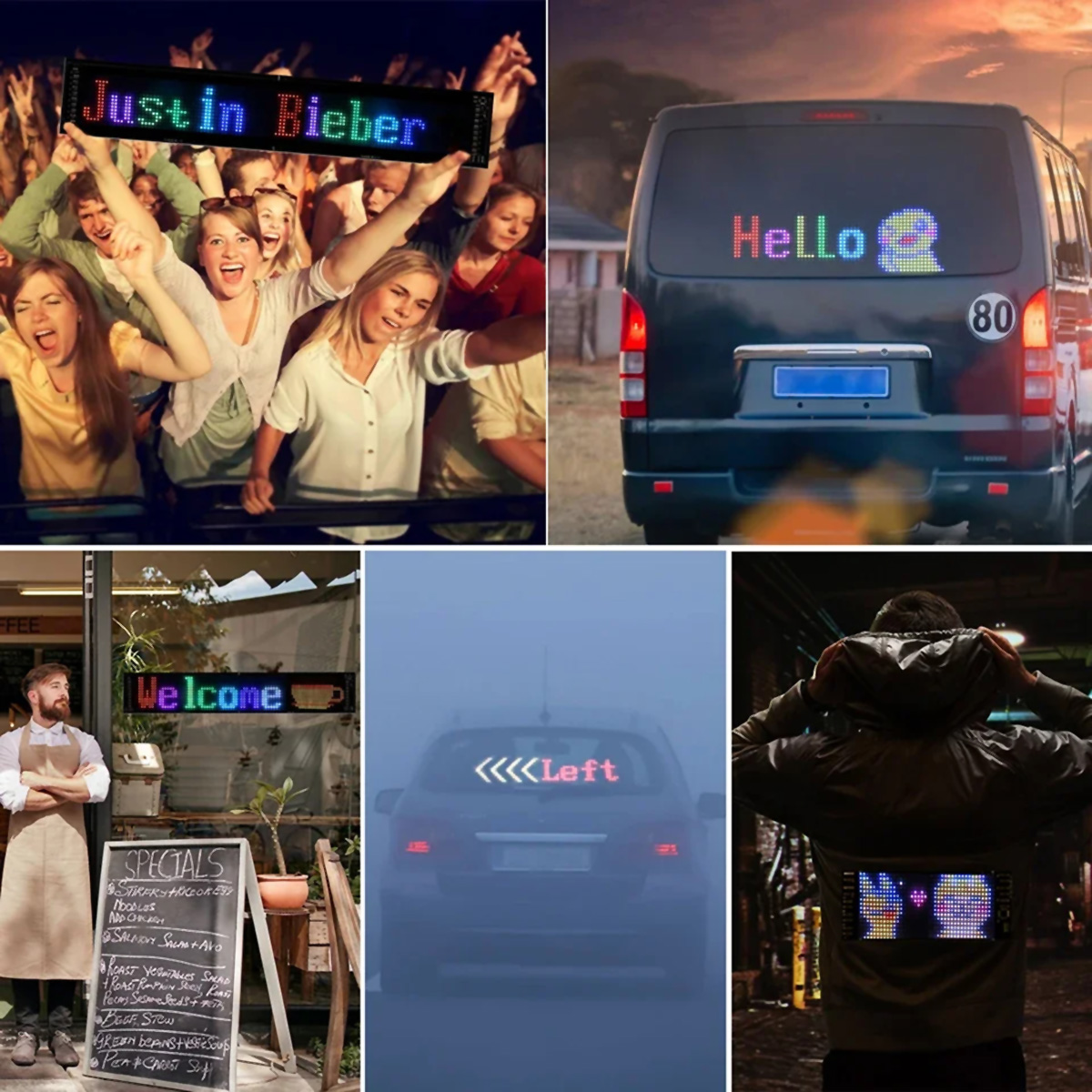Collage de pantallas LED: letrero 'Justin Bieber', 'Hello' en una furgoneta, letrero 'welcome'.