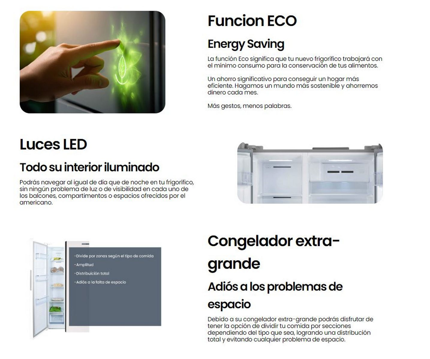 Texto e imágenes que describen el ahorro de energía, luces LED y congelador extra grande.