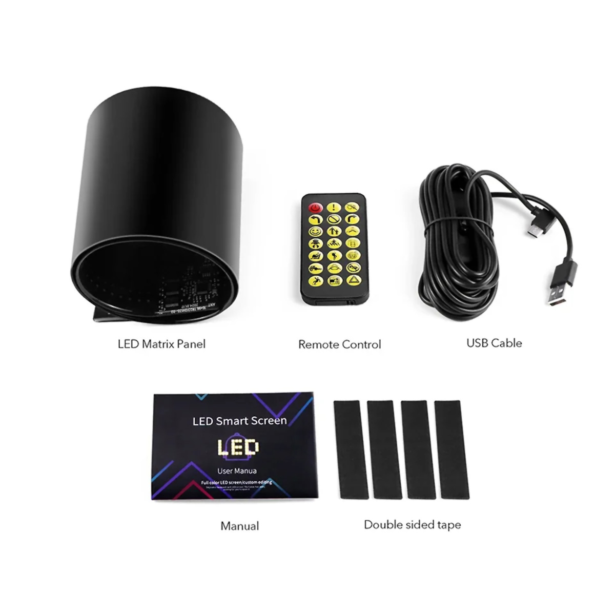 Componentes de una pantalla LED inteligente: panel LED, mando a distancia, cable USB, manual y cinta de doble cara.