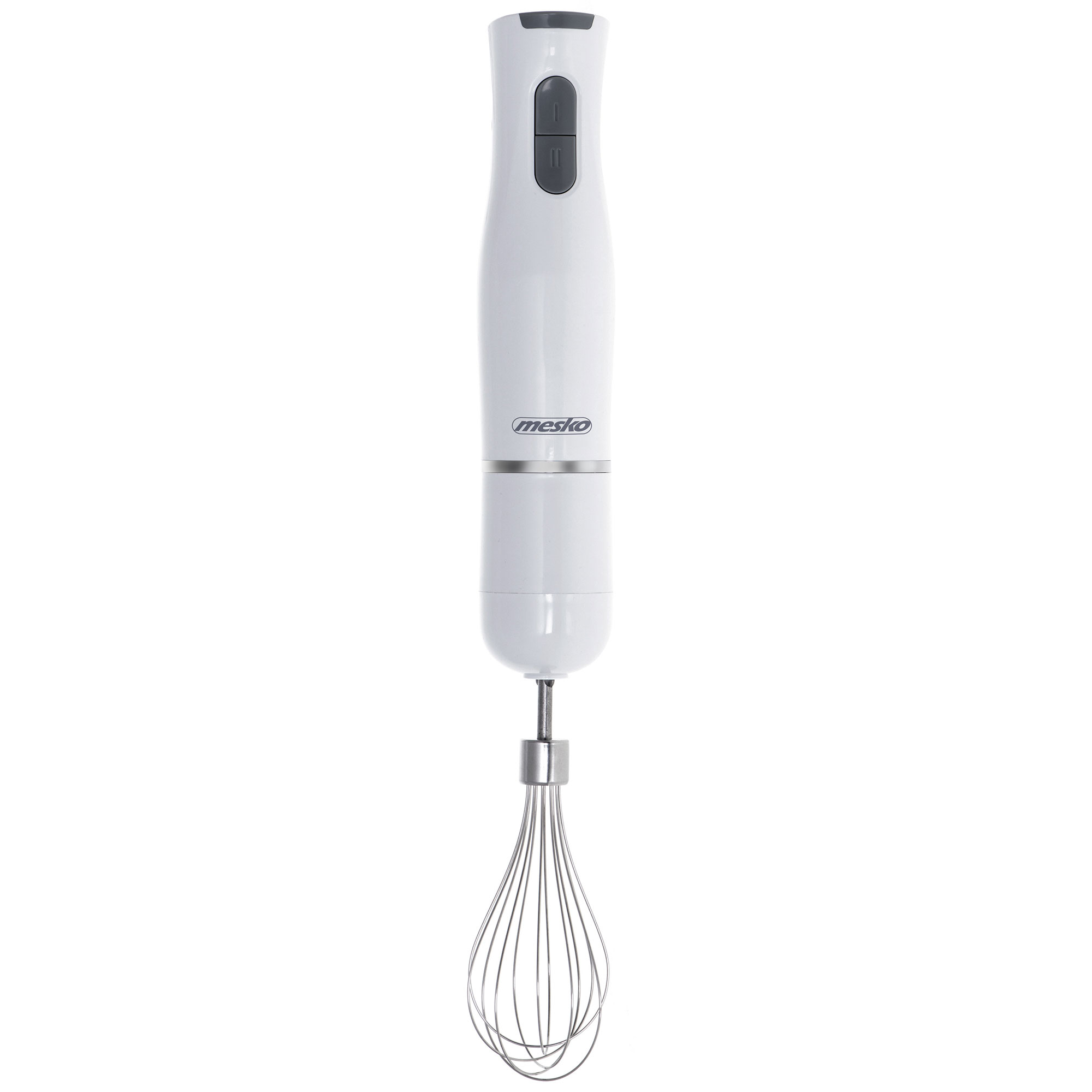 Ein weißer Handmixer mit Schneebesenaufsatz und grauen Knöpfen oben.