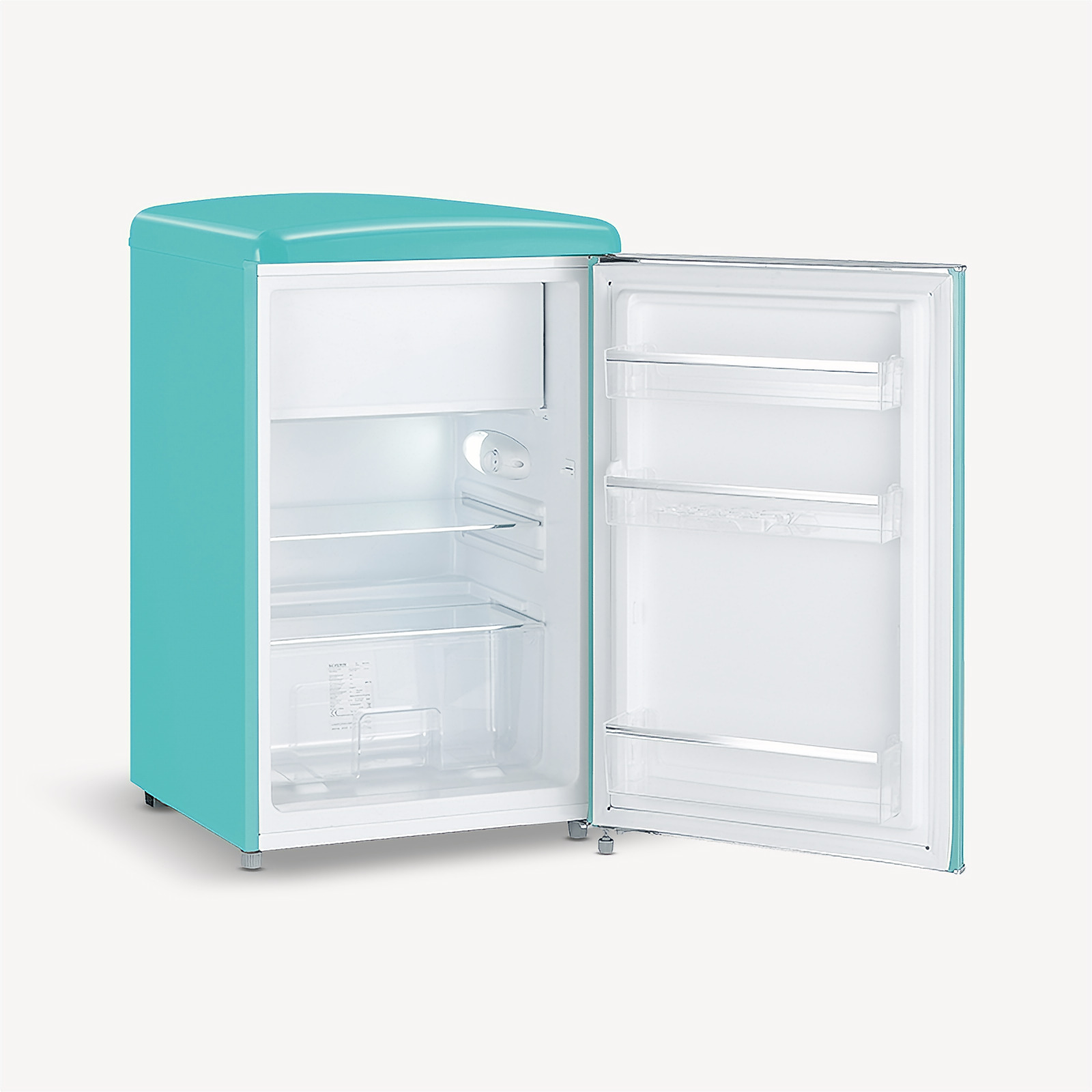 Türkisfarbener Retro-Kühlschrank mit offener Tür, Innenregale sichtbar.