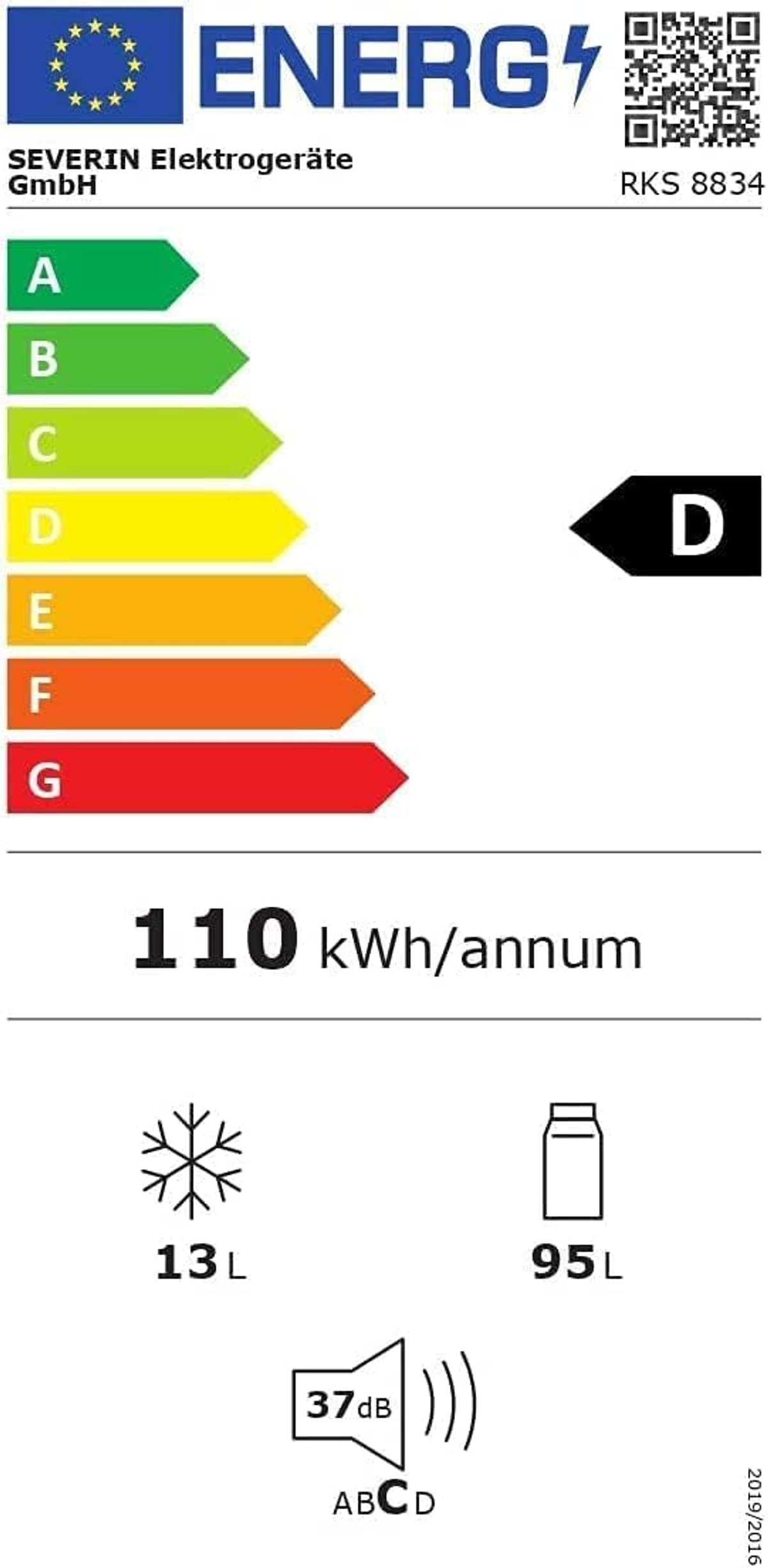 Energielabel zeigt Bewertung D, 110 kWh/annum, mit 13 L- und 95 L-Symbolen und 37 dB.