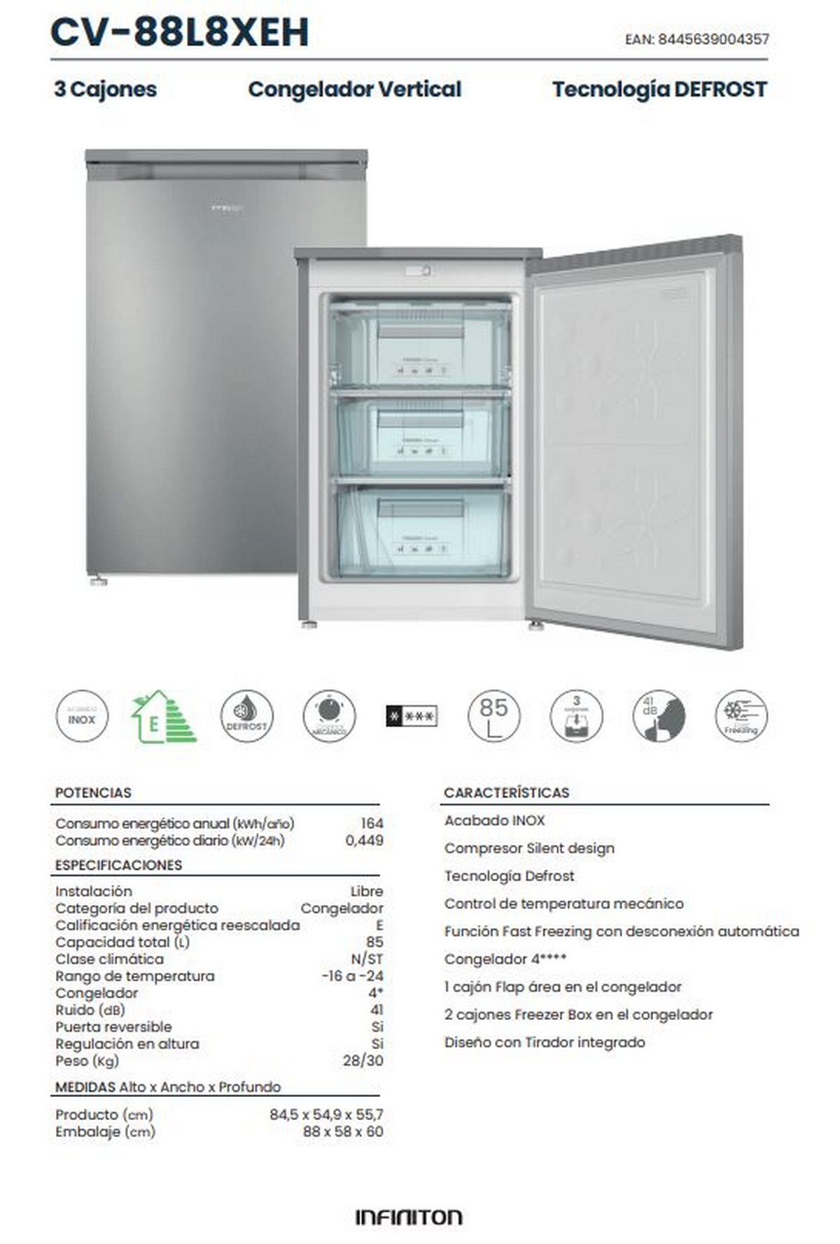Congelador vertical con puerta abierta que muestra tres cajones. Texto detalla especificaciones y características.
