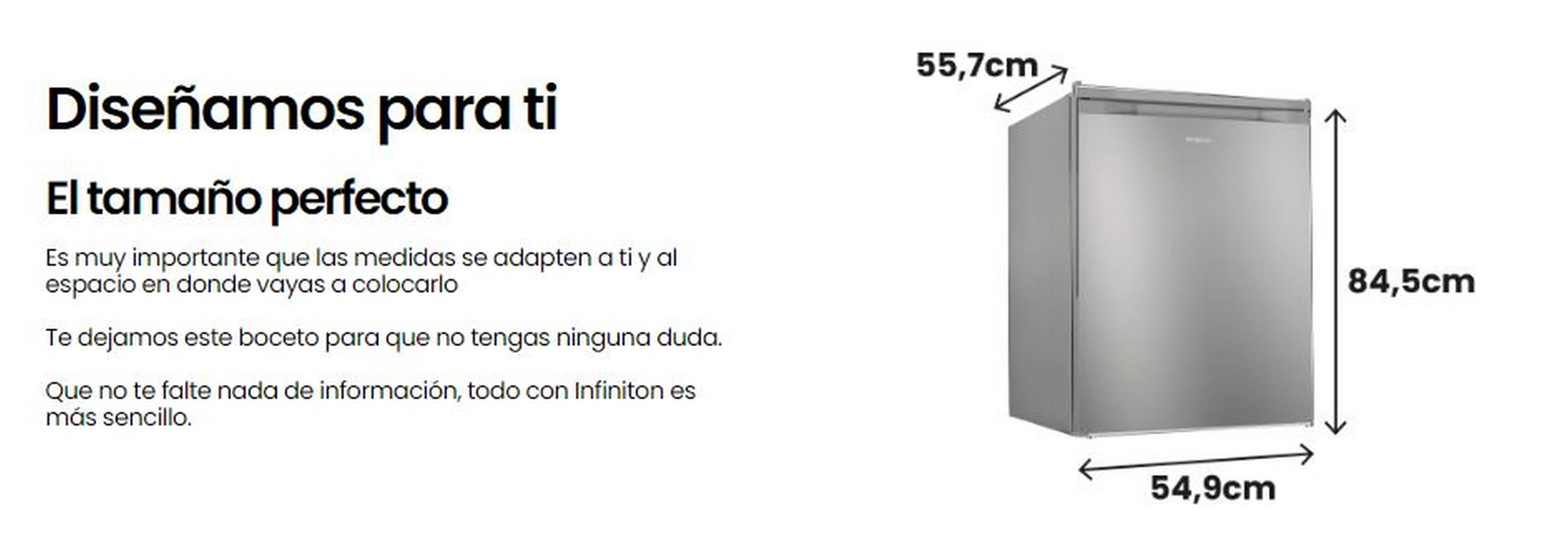 Un pequeño refrigerador plateado sobre un fondo blanco. Las dimensiones se muestran en la imagen.