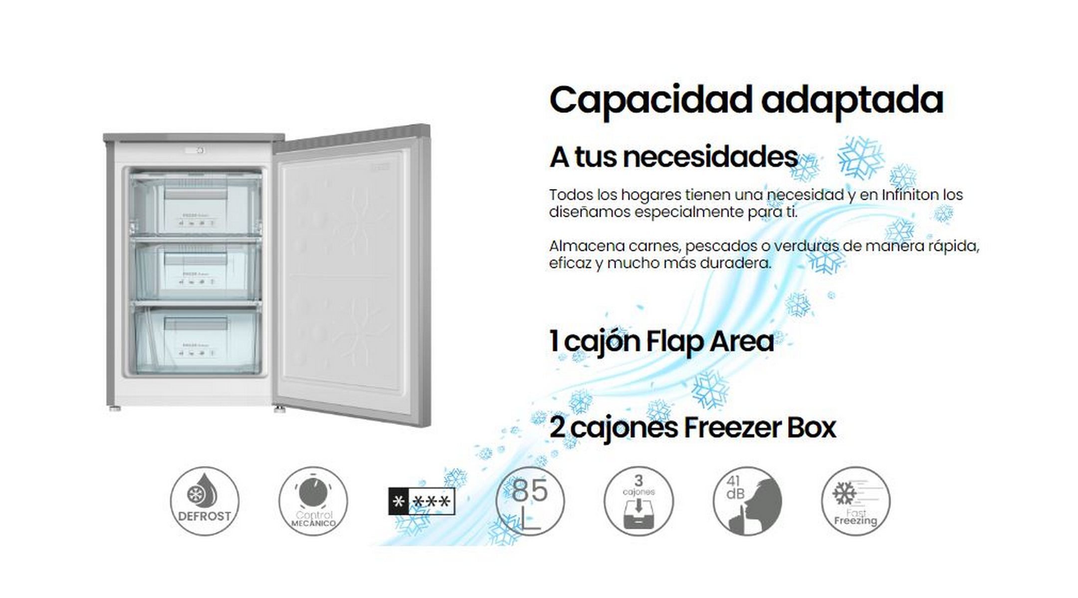 Refrigerador con tres cajones dentro, con puerta abierta, y especificaciones a la derecha.