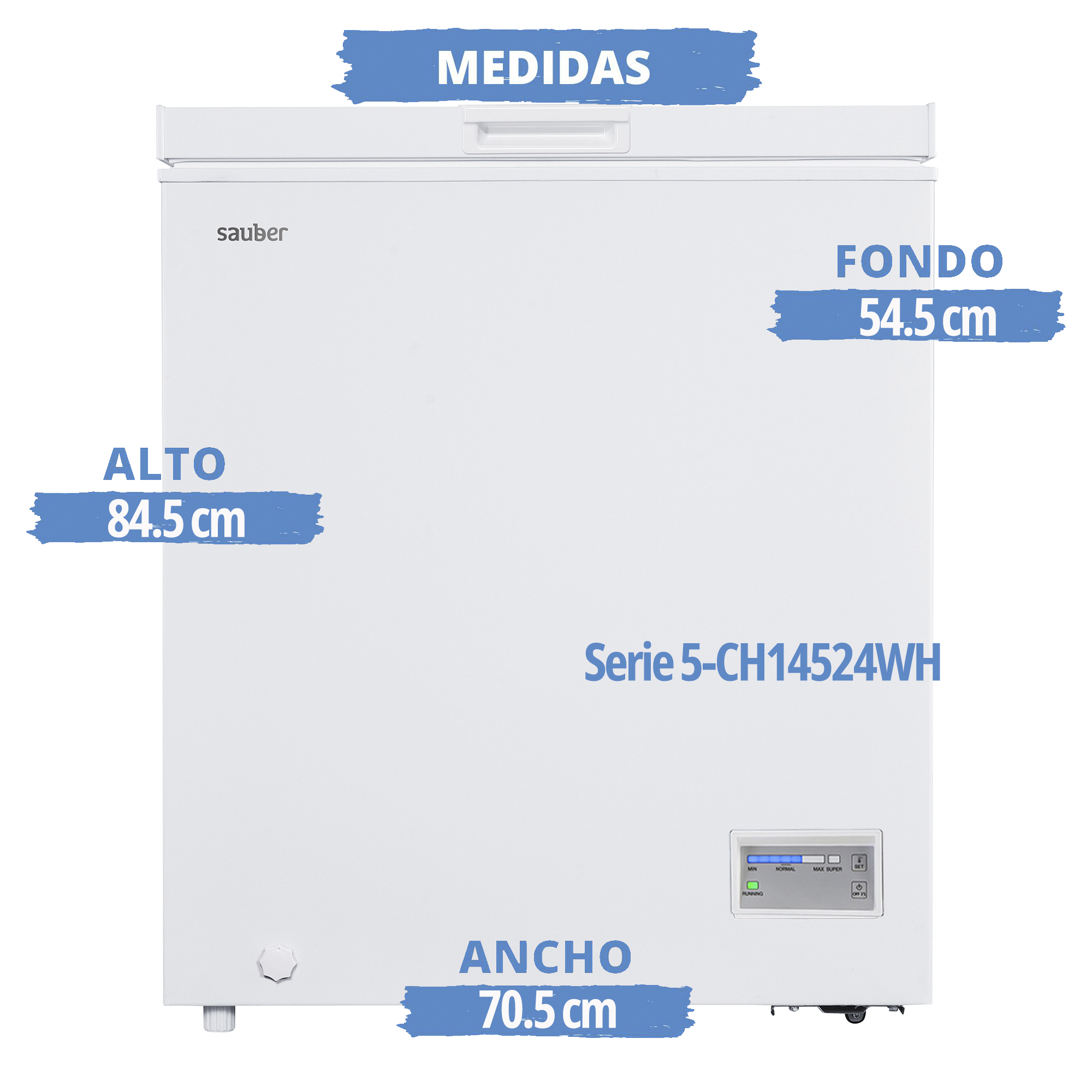 Congelador blanco con medidas. Marca Sauber visible.