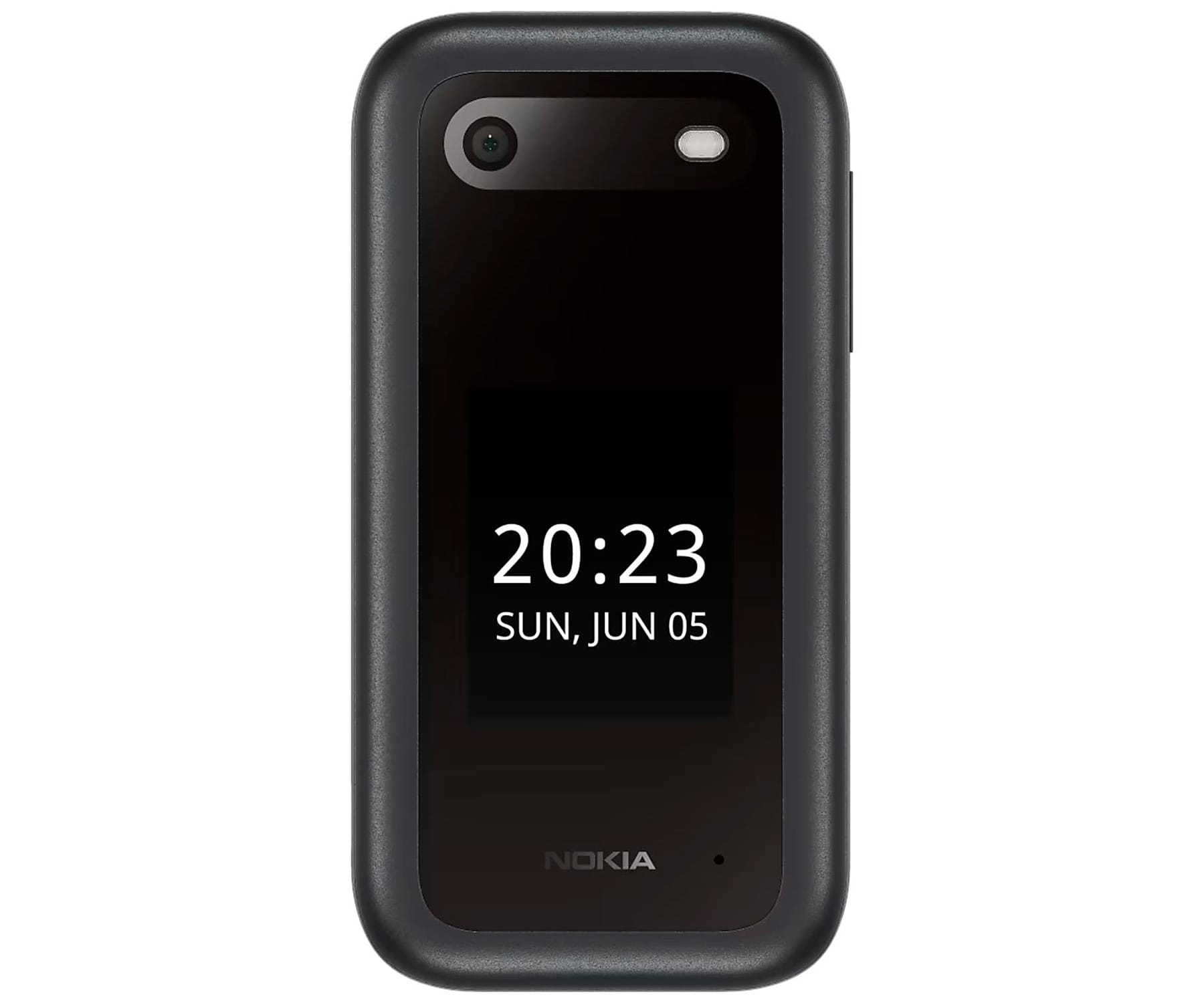 Teléfono Nokia negro con hora y fecha, sobre fondo blanco.