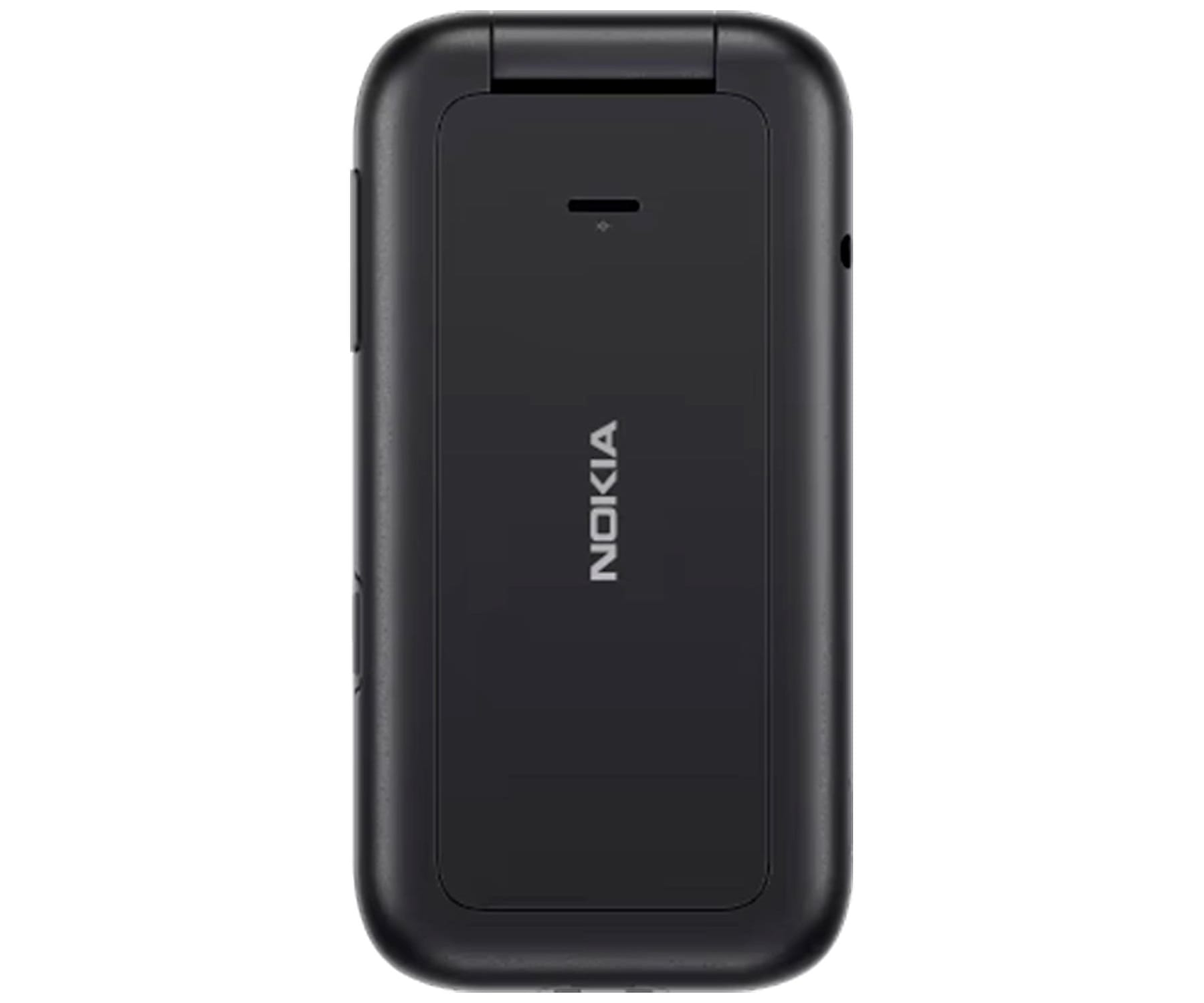 Un teléfono Nokia plegable negro cerrado con una pequeña pantalla y una cámara.