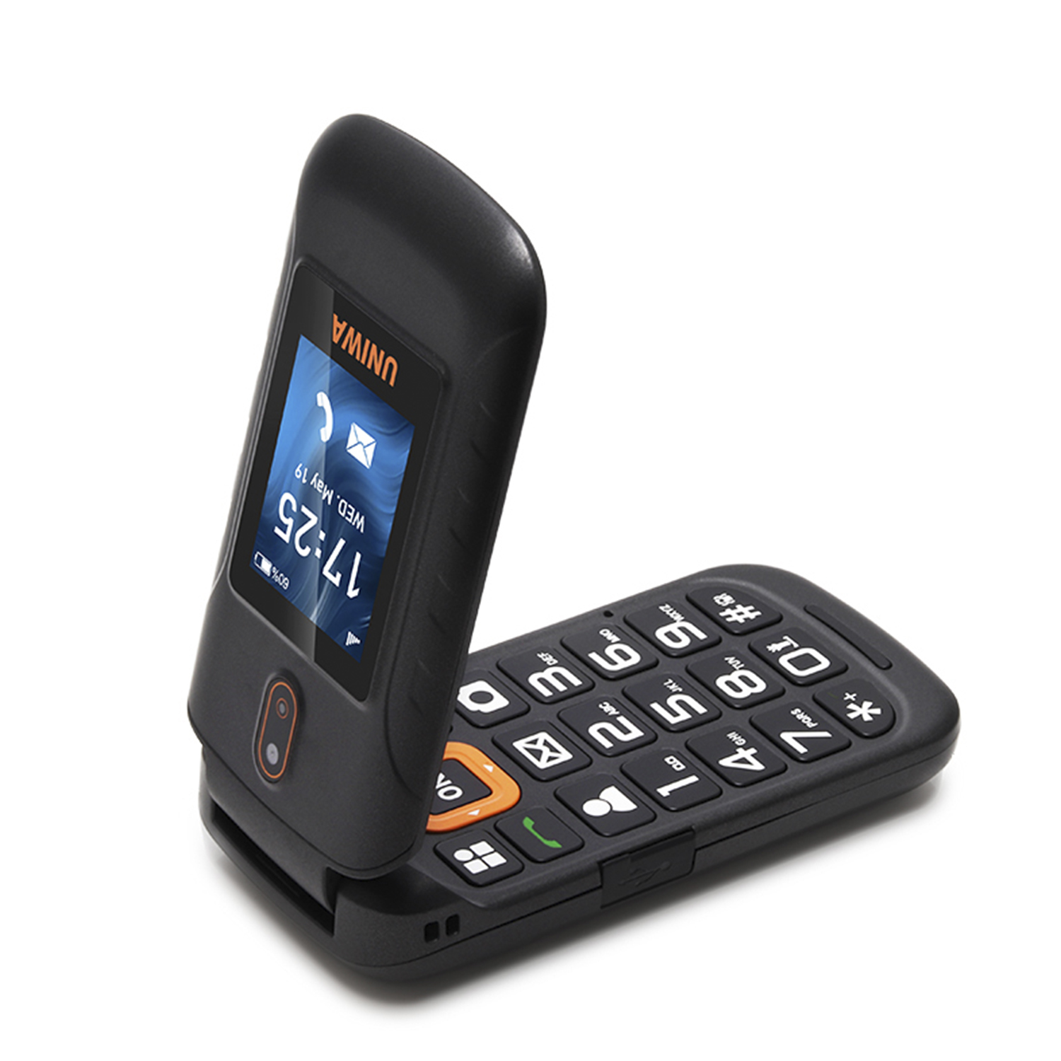 Un teléfono plegable negro abierto, mostrando la hora, la fecha y el porcentaje de batería.