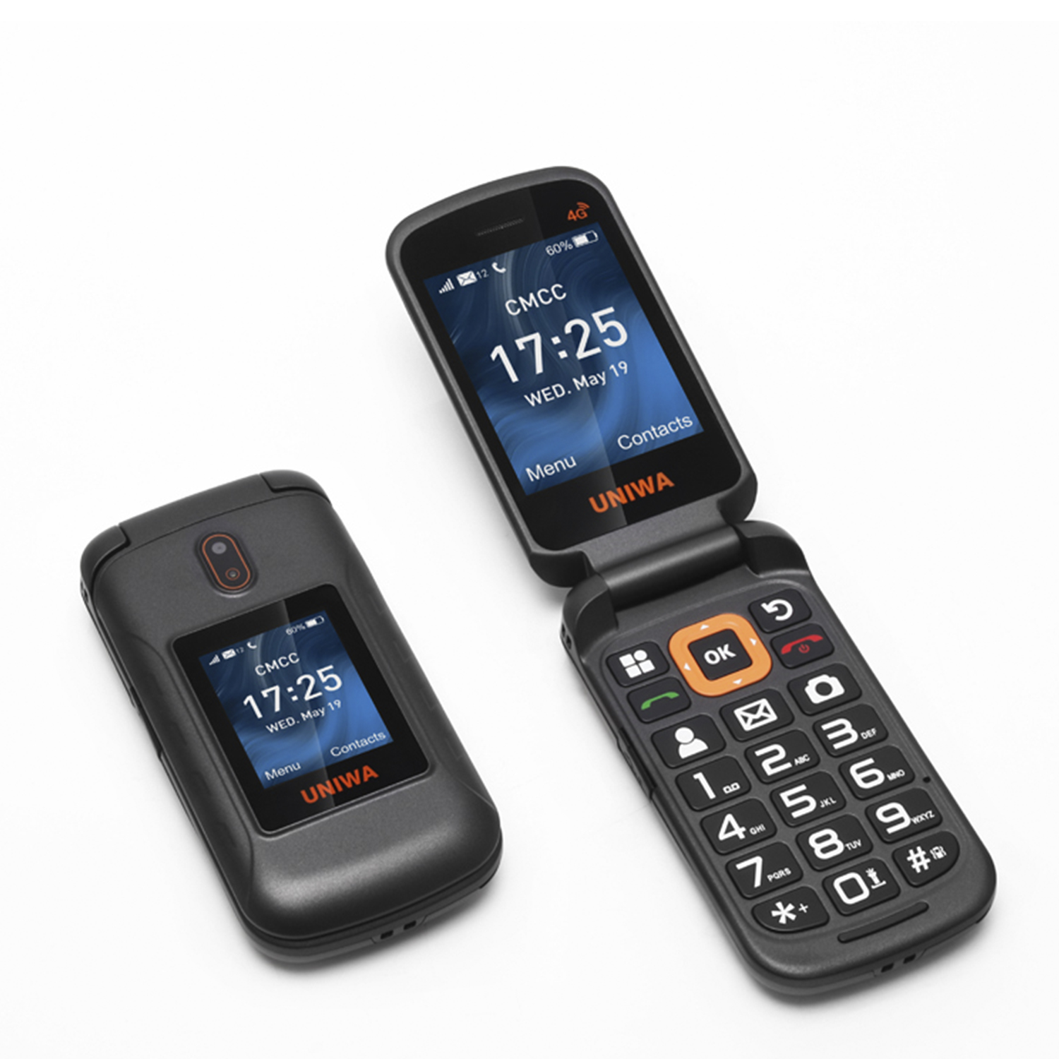 Dos teléfonos plegables negros abiertos, uno mostrando la hora, el otro cerrado.