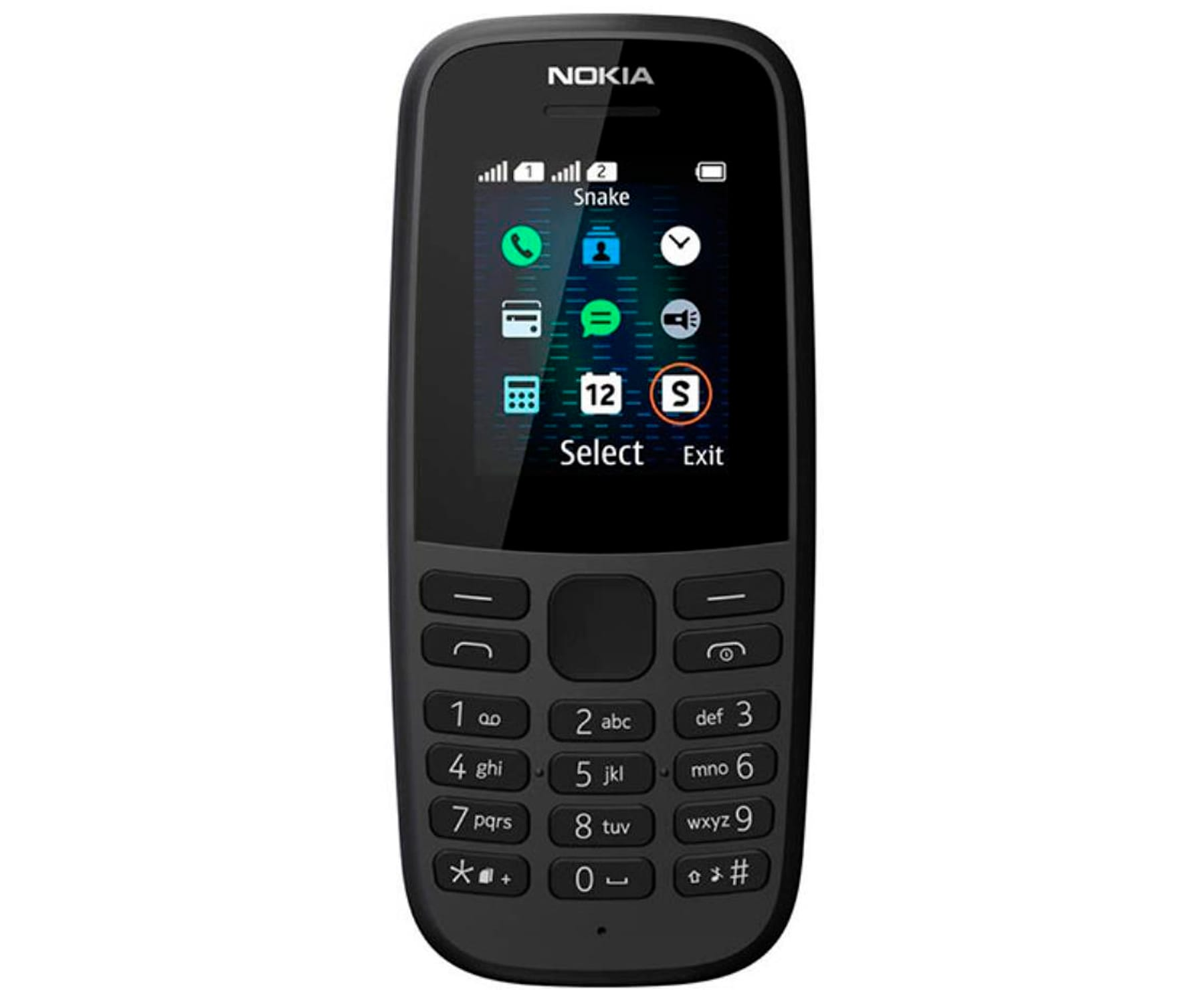 Czarny telefon komórkowy Nokia z przyciskami i ekranem z ikonami.