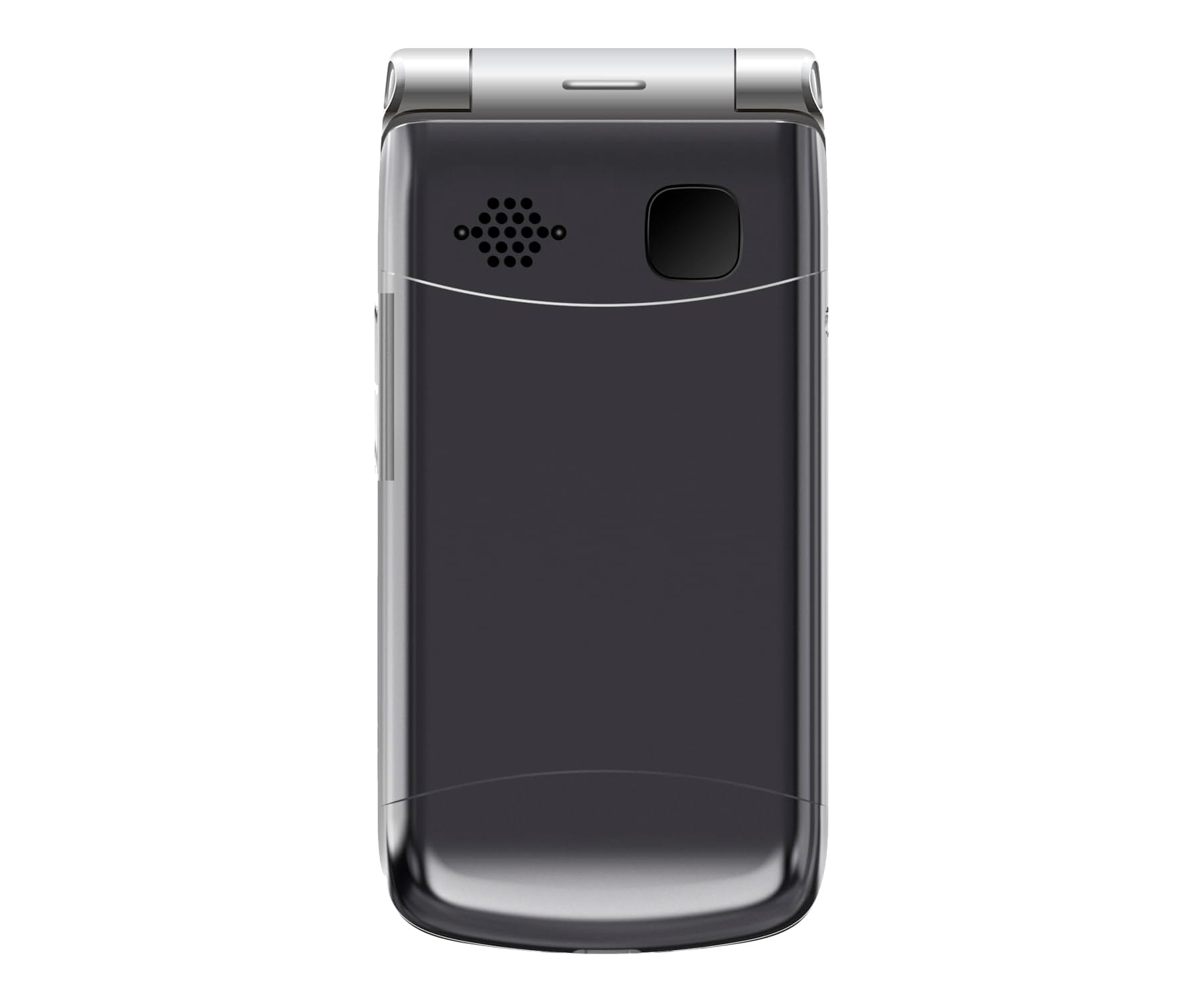 Teléfono plegable, negro. Muestra la parte trasera del teléfono.