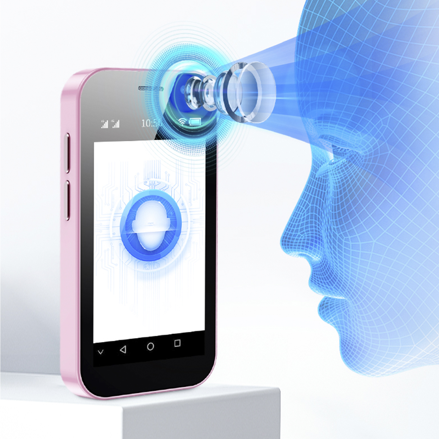 Smartphone rosa con una grafica di riconoscimento facciale digitale proiettata verso un volto a filo blu.