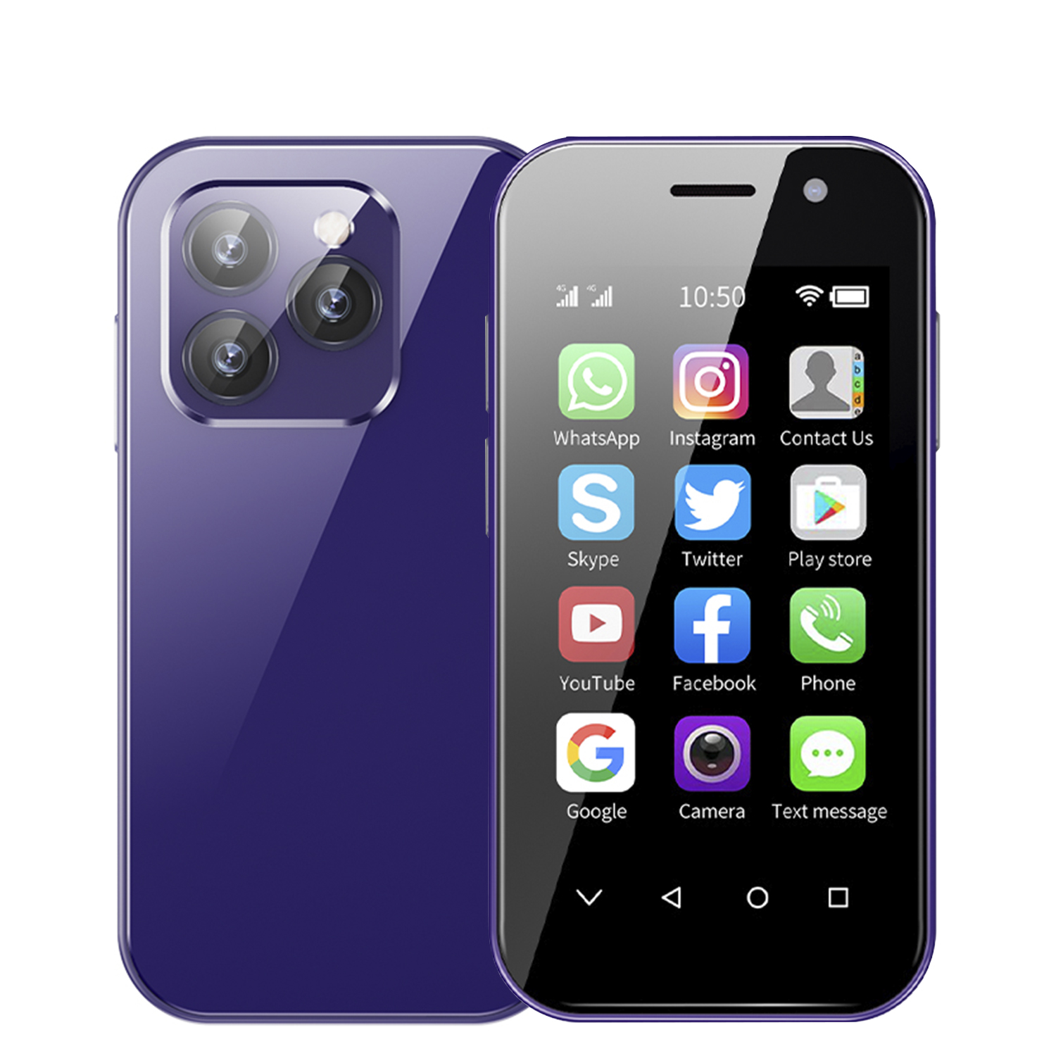 Smartphone viola con più lenti della fotocamera e icone delle app sullo schermo.