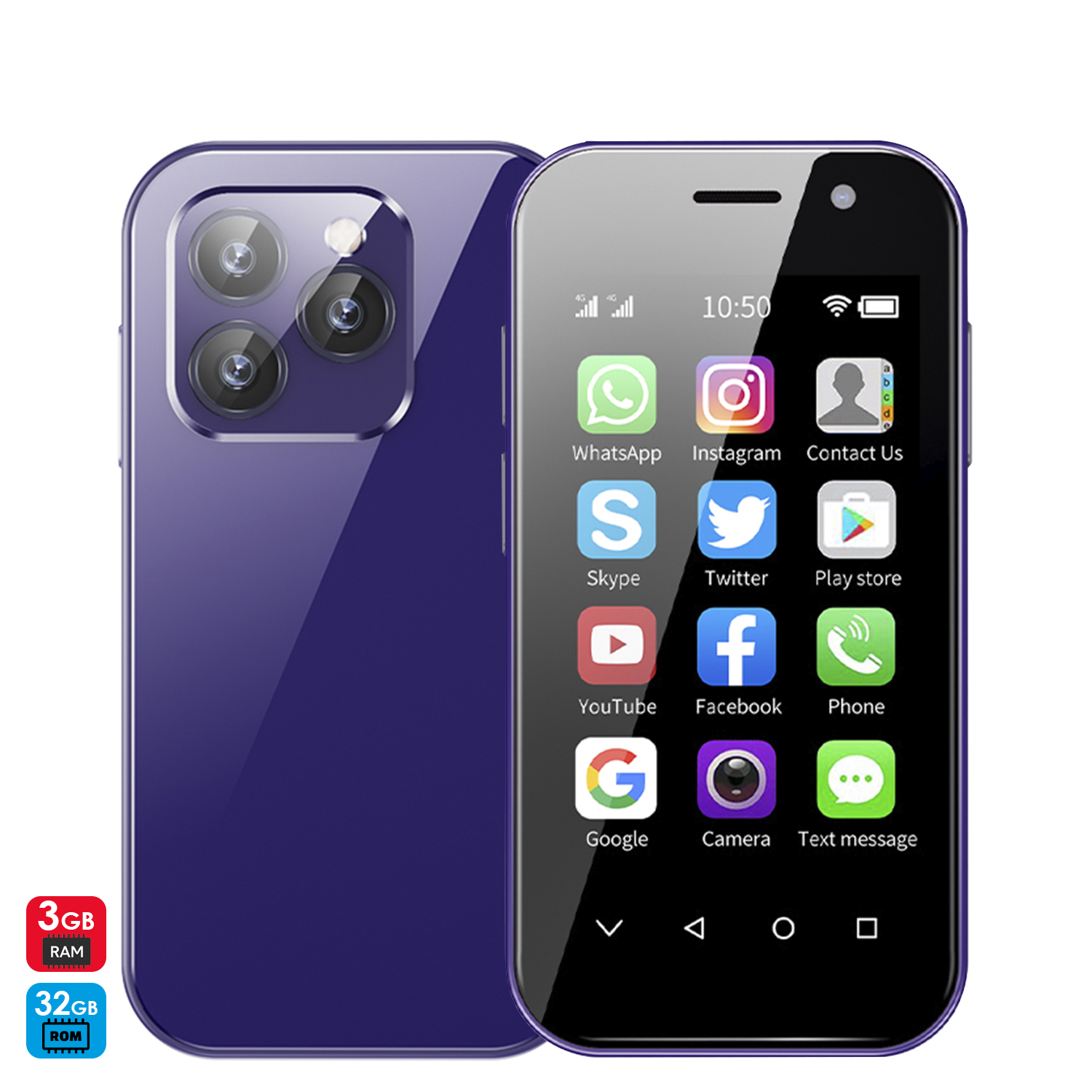 Un piccolo smartphone viola con configurazione multi-fotocamera e icone delle app sullo schermo.