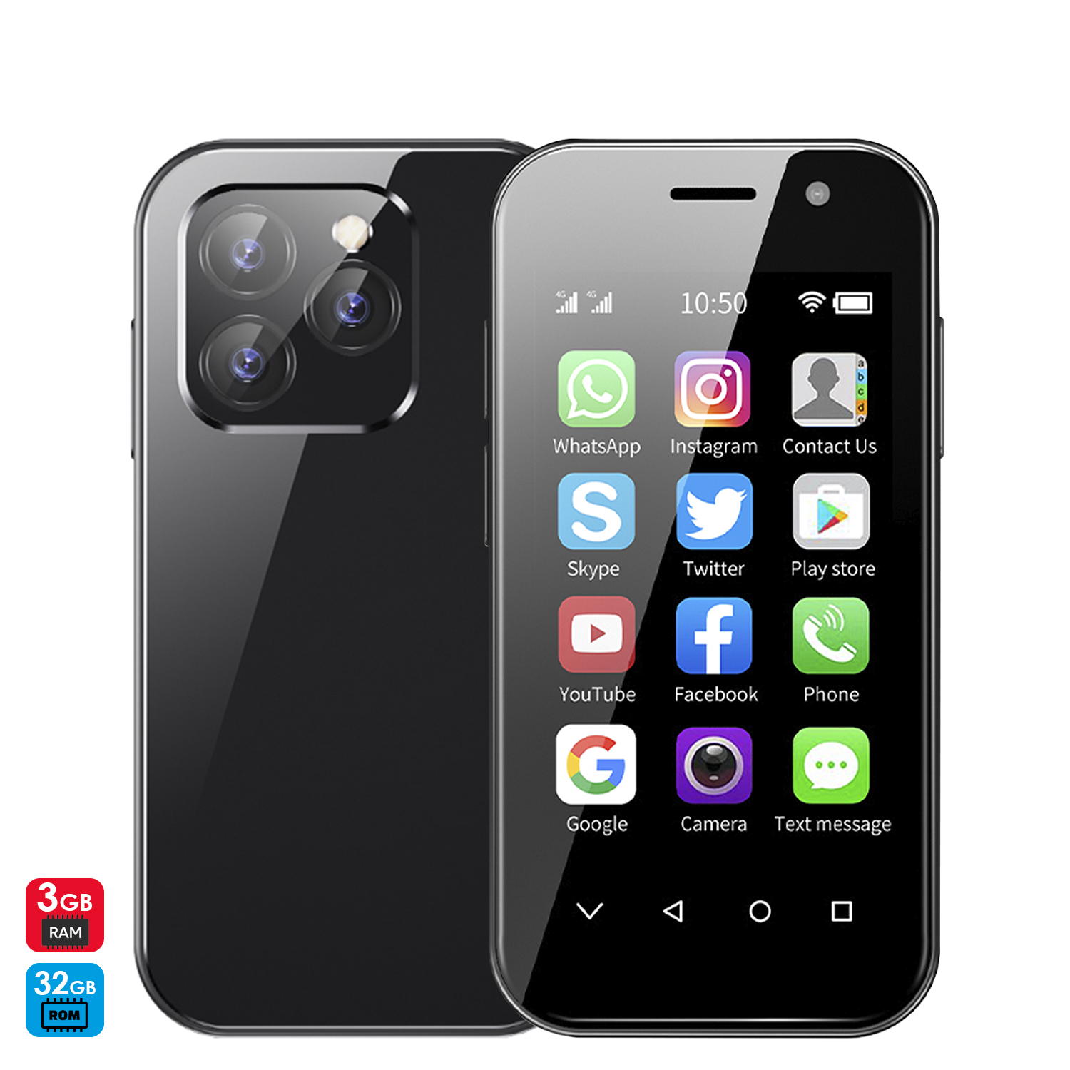 Uno smartphone nero con tre fotocamere posteriori e uno schermo che mostra icone di app.