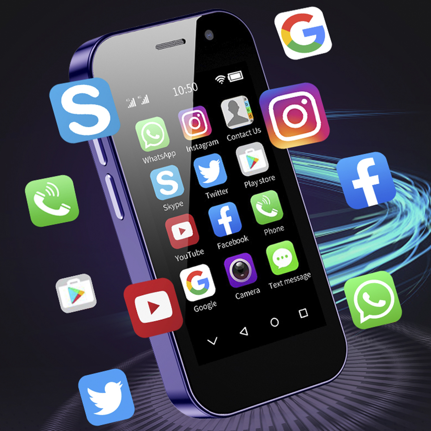 Un piccolo smartphone viola con icone di app che fluttuano intorno.