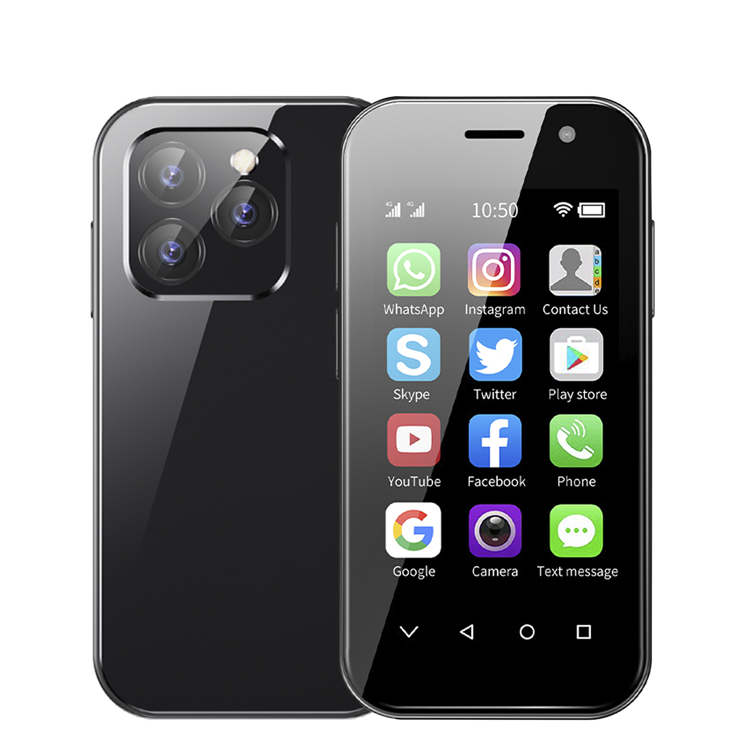 Smartphone nero con fotocamere doppie e un display che mostra icone di app: WhatsApp, Instagram, Skype, ecc.