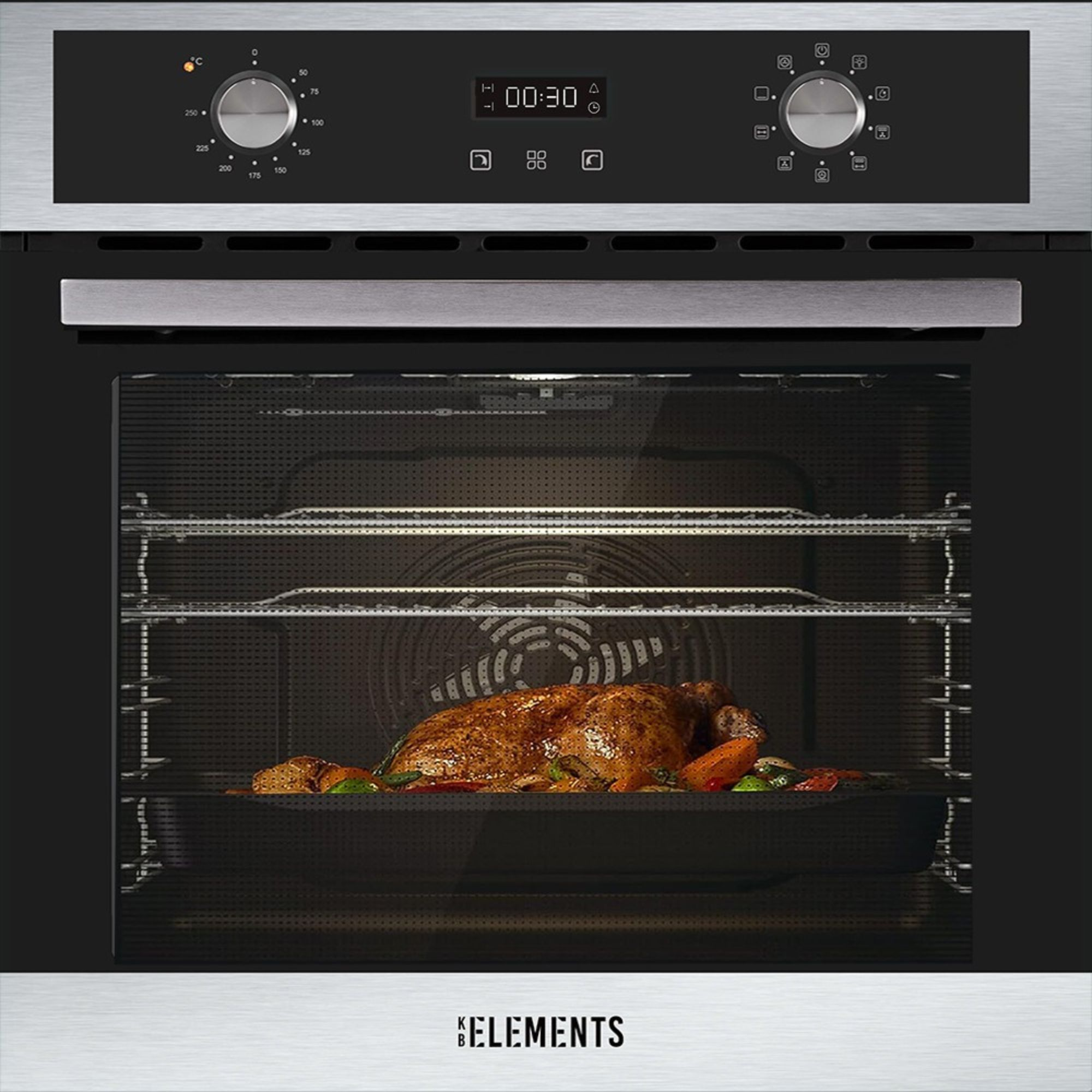 Backofen-Innenraum mit gebratenem Hähnchen und Gemüse, Edelstahlrahmen.