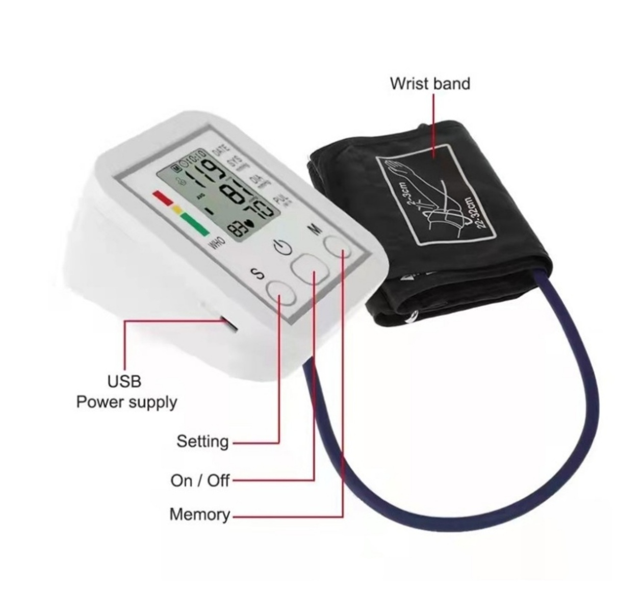 Monitor de presión arterial blanco con brazalete y componentes etiquetados.