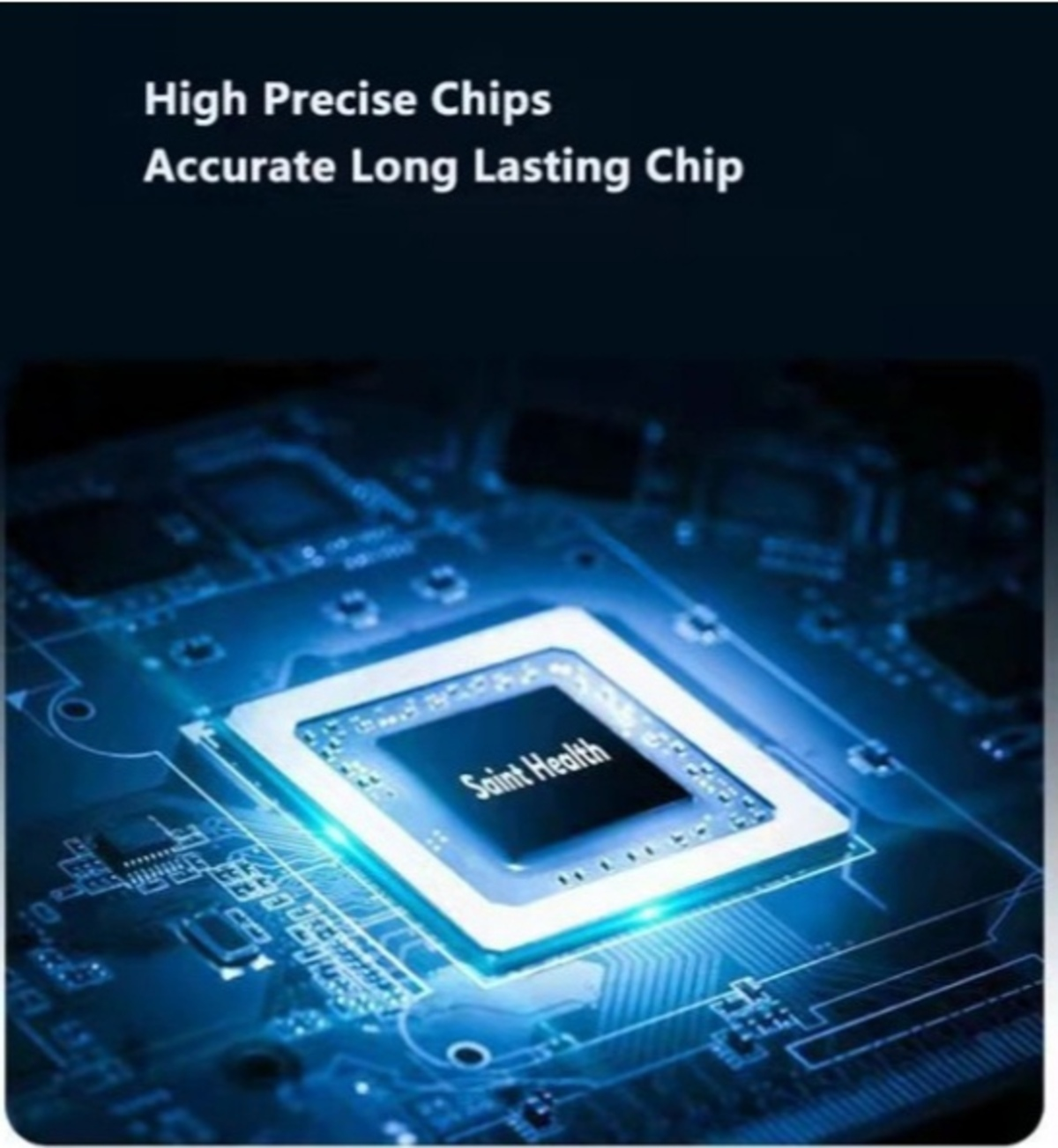 Primer plano de un chip de computadora con texto 'Saint Health'.