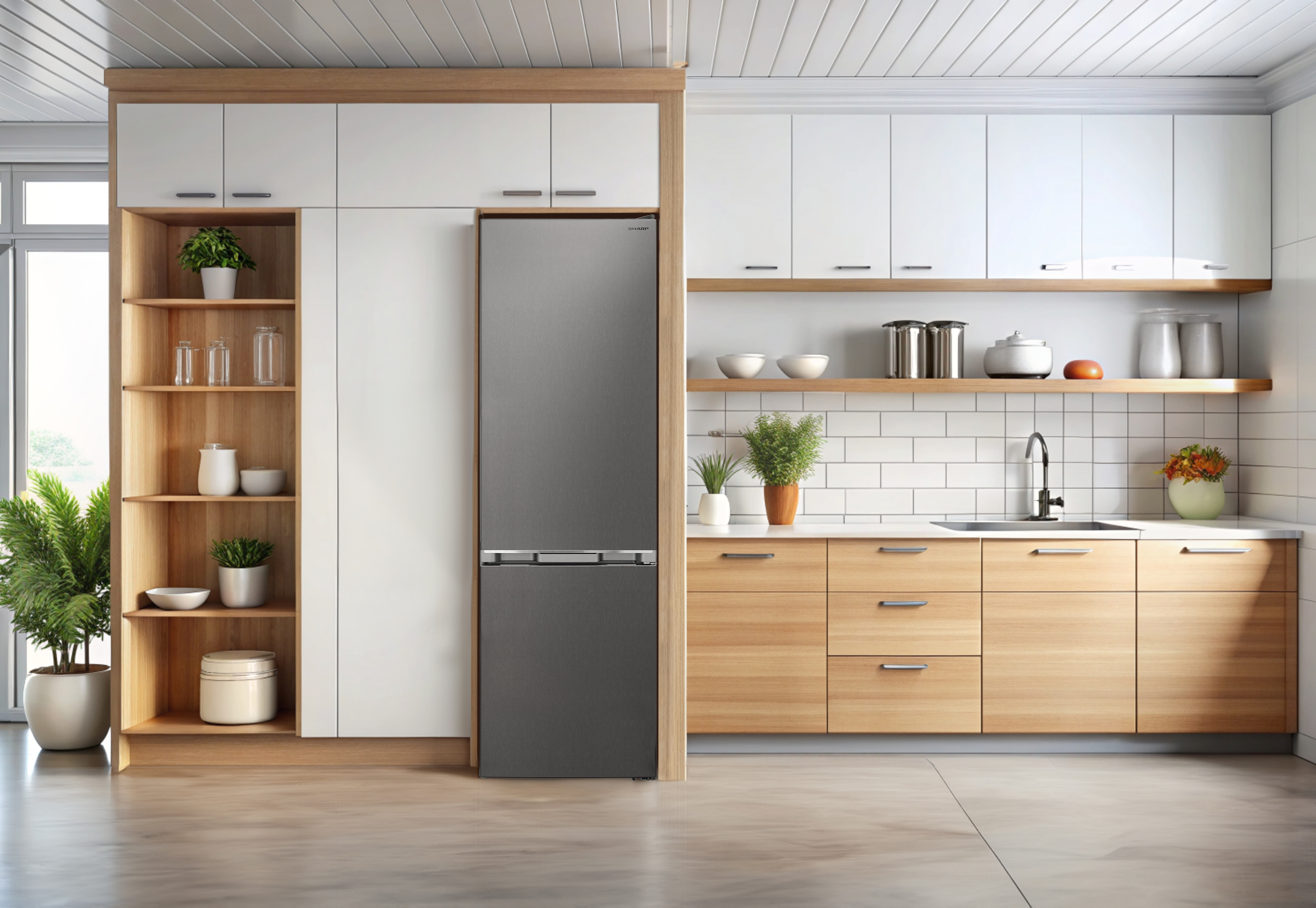 A modern kitchen with white cabinets, wooden elements, and a stainless steel refrigerator.
