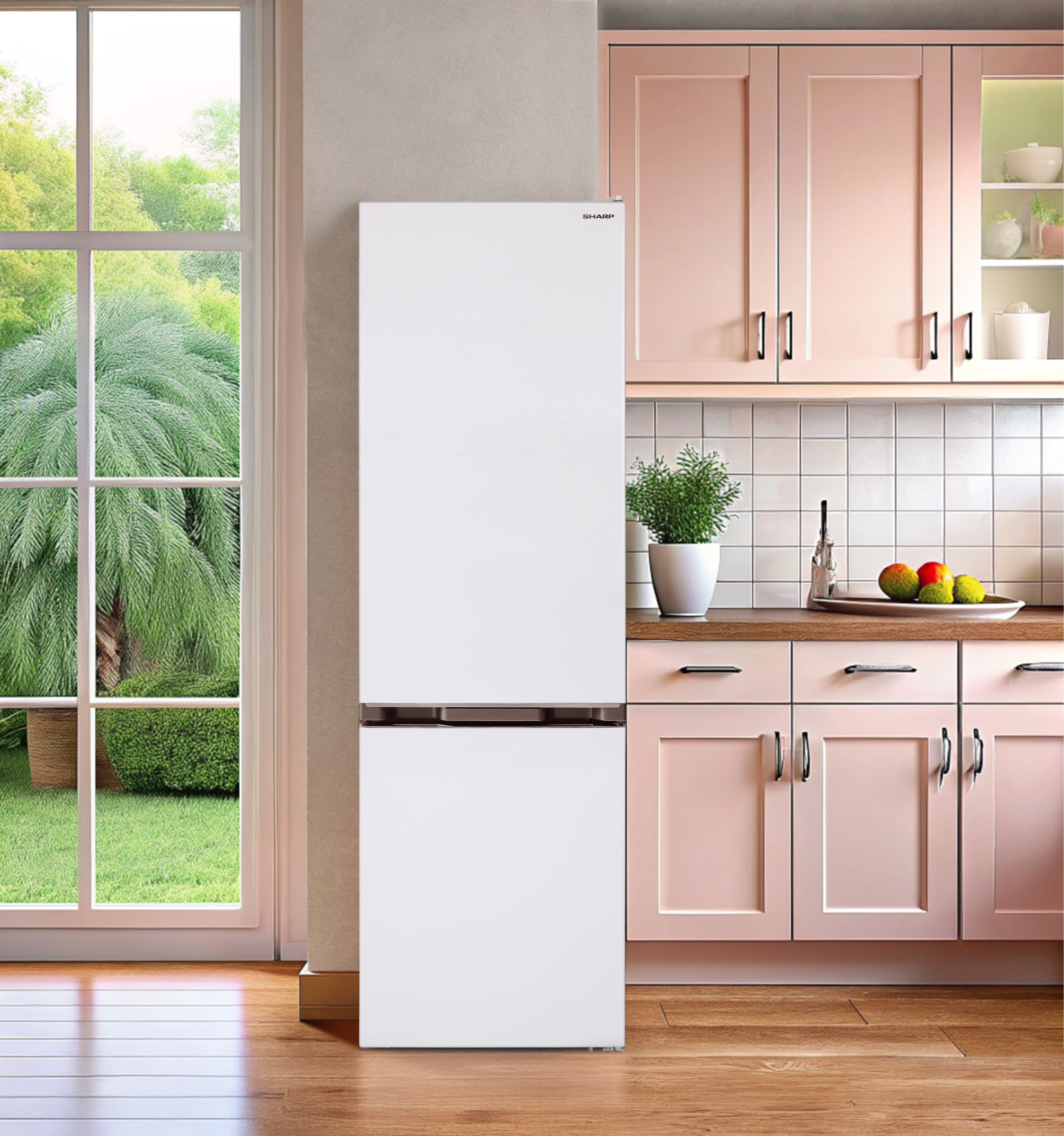 A white refrigerator in a kitchen with pink cabinets and a window, bright light.